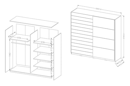 Skříň s posuvnými dveřmi Galaxy 17 200 cm - bílá / dub beaufort Skříň s posuvnými dveřmi 200 Galaxy 17 - Bílý / Dub beaufort - Rozměry