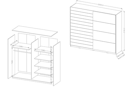 Skříň s posuvnými dveřmi Galaxy 18 - 220 cm - bílá / dub beaufort Skříň s posuvnými dveřmi 220 Galaxy 18 - Bílý / Dub beaufort - Rozměry