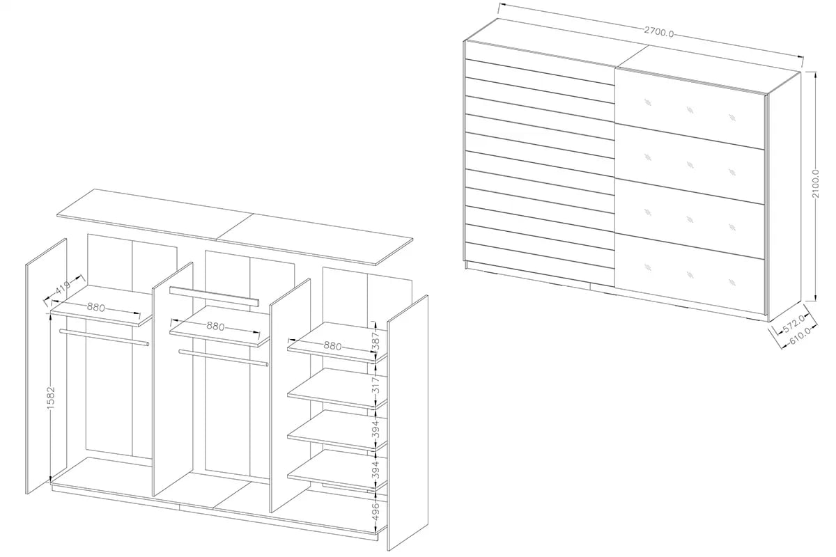 Skriňa s posuvnými dverami Galaxy 69 - abisko ash - 270 cm Skriňa s posuvnými dverami 270 Galaxy 69 - abisko ash - Rozmery