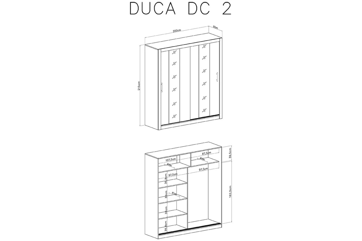 Skříň Duca II 200 cm - dub sonoma Skříň s posuvnými dveřmi dvoudveřová z zrcadly Duca II 200  - Dub sonoma - schemat