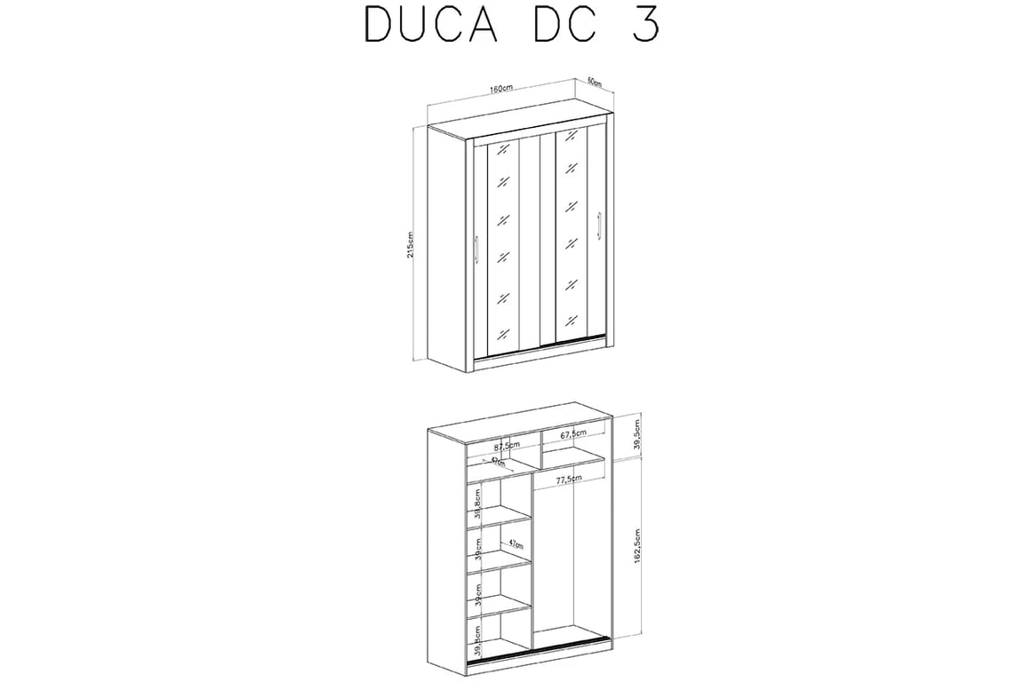 Šatní skříň Duca III 160 cm - bílá Skříň s posuvnými dveřmi dvoudveřová z zrcadly Duca III 160 - Bílý - schemat