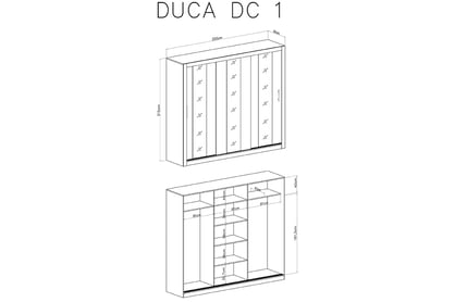 Skříň Duca I 250 cm - bílá Skříň s posuvnými dveřmi třídveřová z zrcadly Duca I 250 - Bílý - Barva Bílá lux - schemat