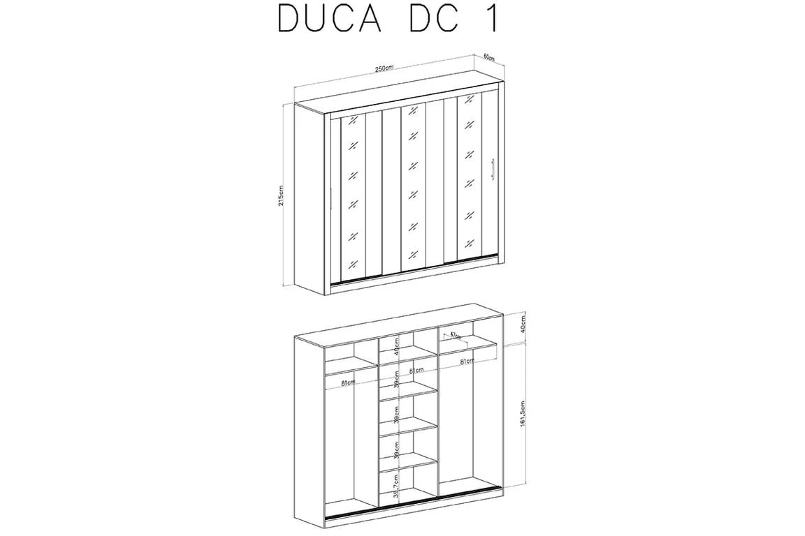 Skříň Duca I 250 cm - bílá Skříň s posuvnými dveřmi třídveřová z zrcadly Duca I 250 - Bílý - Barva Bílá lux - schemat