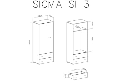 Skříň Sigma SI3 L/P - bílý lux / beton / dub Skříň Sigma SI3 L/P - Bílý lux / beton / Dub - schemat