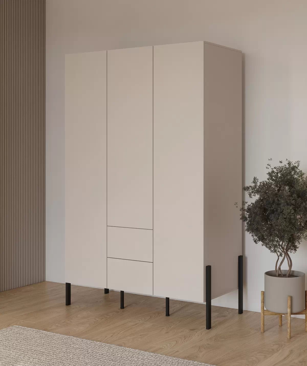 Šatníková skriňa Jukon 139 cm so zásuvkami - kašmírová / čierna Skriňa trojdverová Jukon 139 cm so zásuvkami - kašmír / čierny nožičky