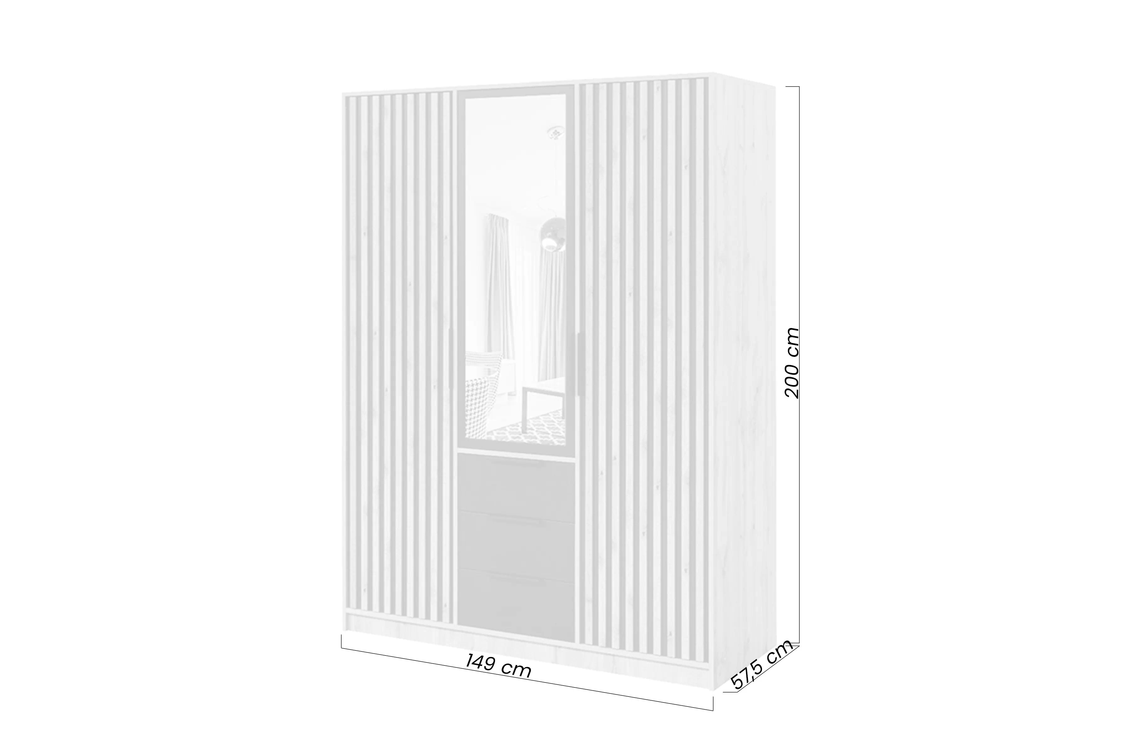 Skříň Bali 149 cm s lamelami - dub wotan / černá skříň třídveřová Lutori 149 cm z lamelami i zrcadlem - dub wotan / černá