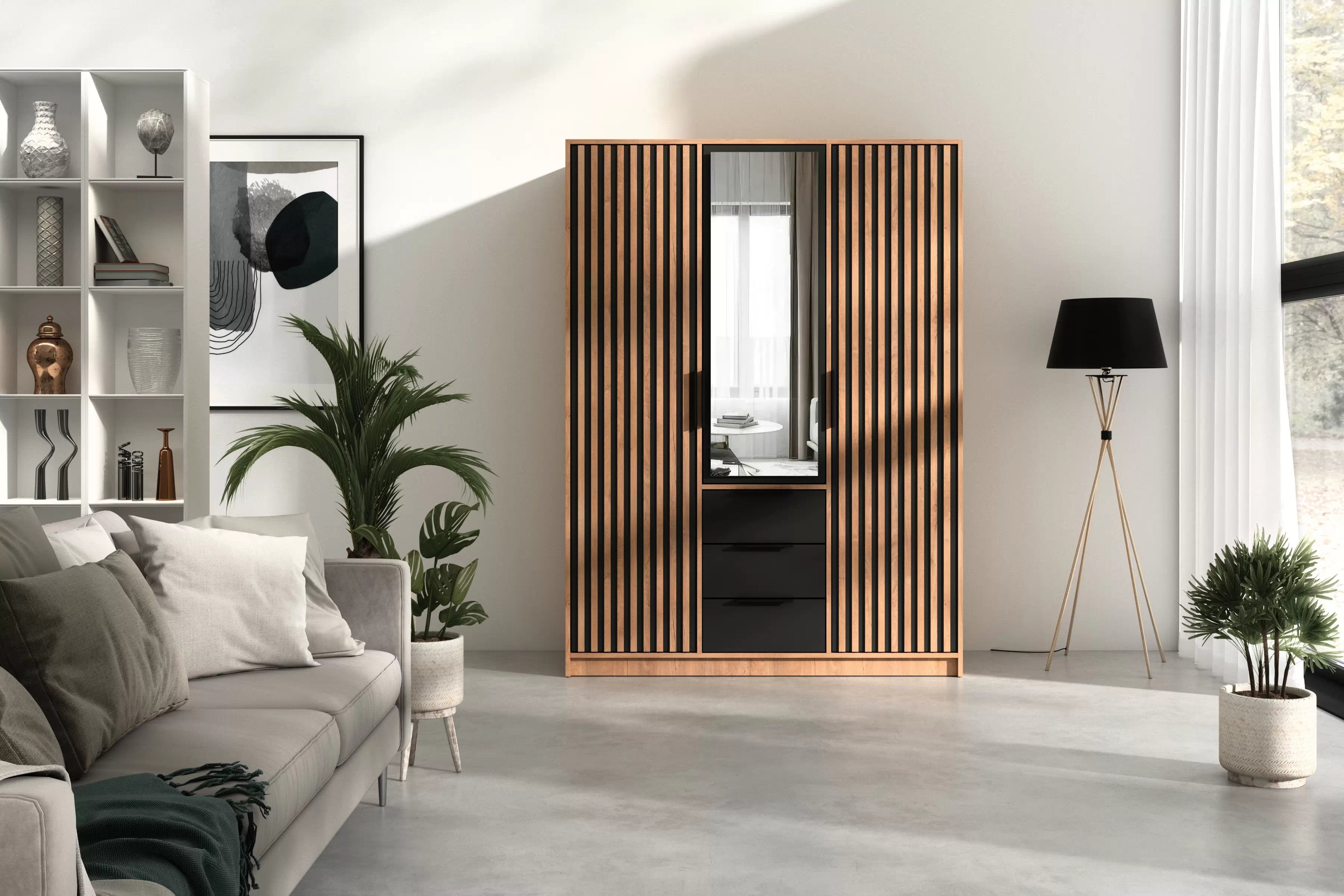 Skříň Bali 149 cm s lamelami - dub wotan / černá skříň třídveřová Lutori 149 cm z lamelami i zrcadlem - dub wotan / černá