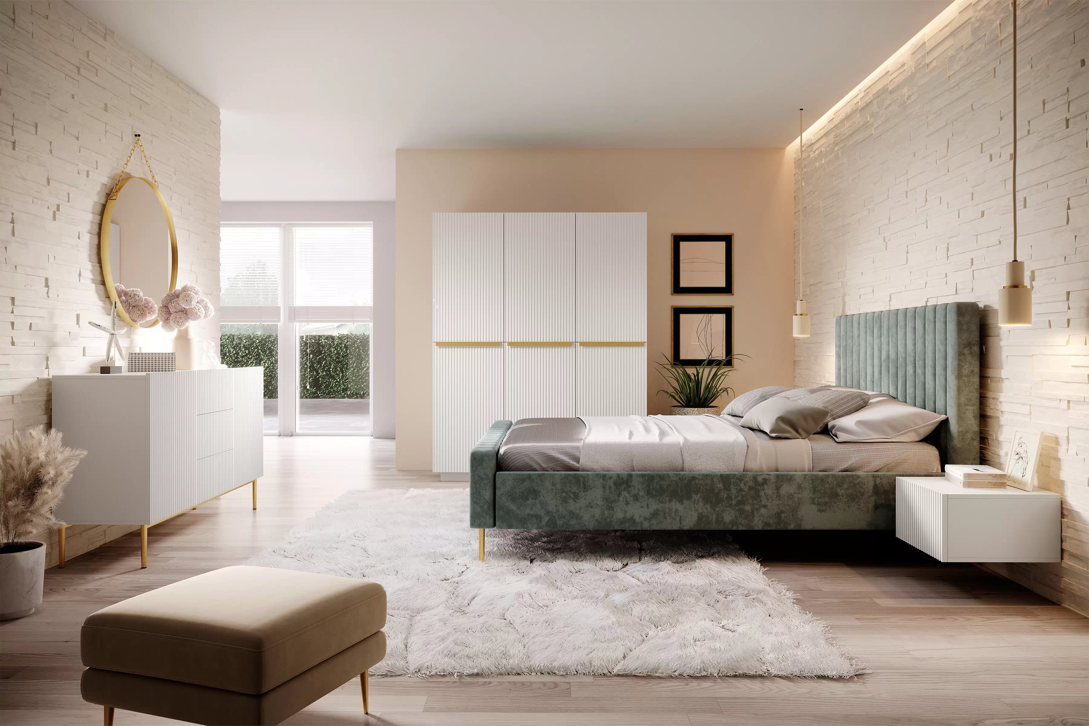 Skriňa Nicole 150 cm s ukrytými zásuvkami - biely mat / zlaté úchytky Skriňa trojdverová Nicole z ukrytymi zásuvkami 150 cm - biely mat / zlote úchyty