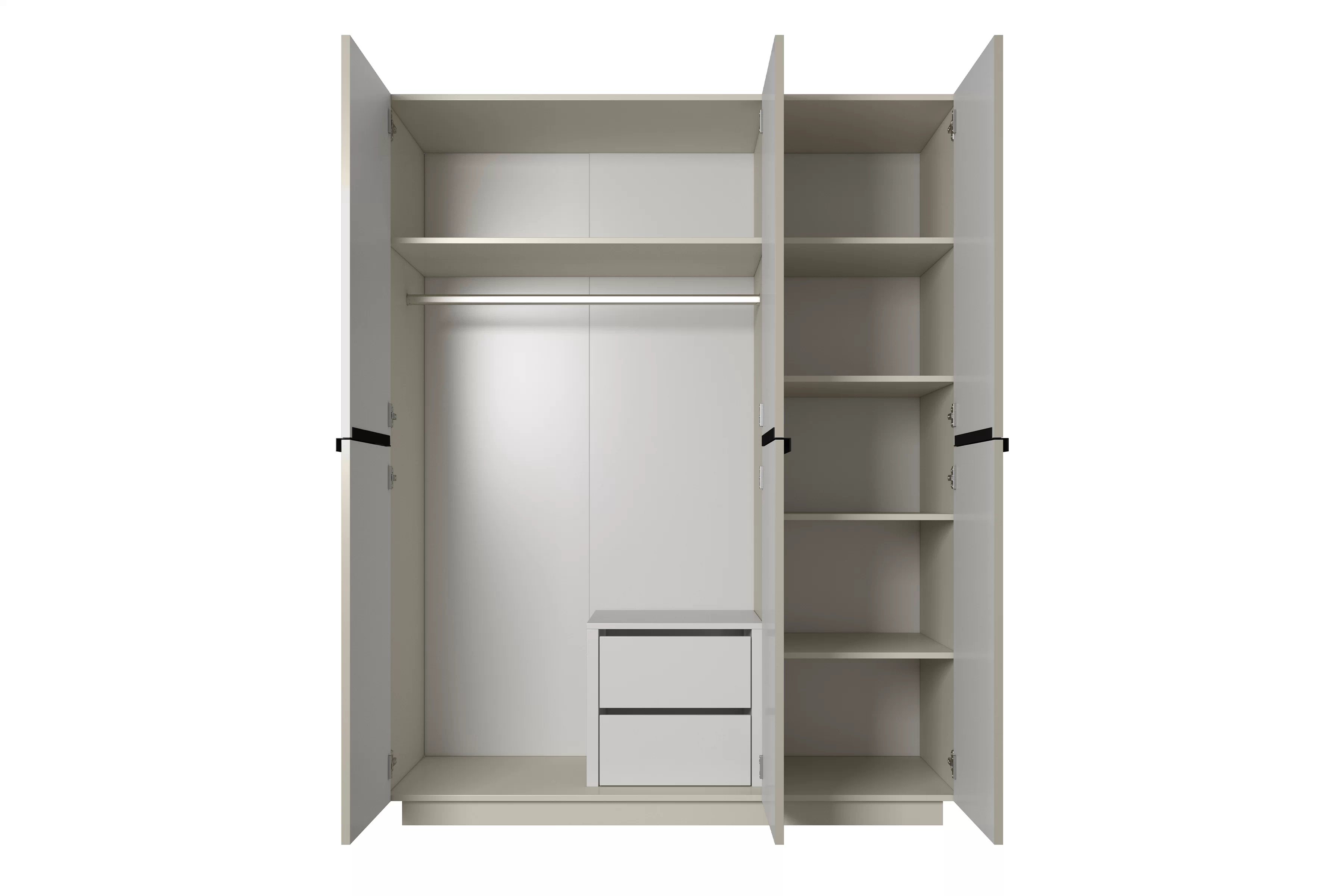 Šatní skříň Nicole 150 cm se zásuvkami - kašmírová / černé úchytky skříň třídveřová Nicole z ukrytymi zásuvkami 150 cm - kašmír / černá Úchytky