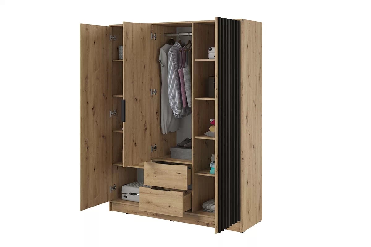 Skriňa s lamelami so zrkadlom Neria - dub artisan / čierny  priestranná skriňa s policami