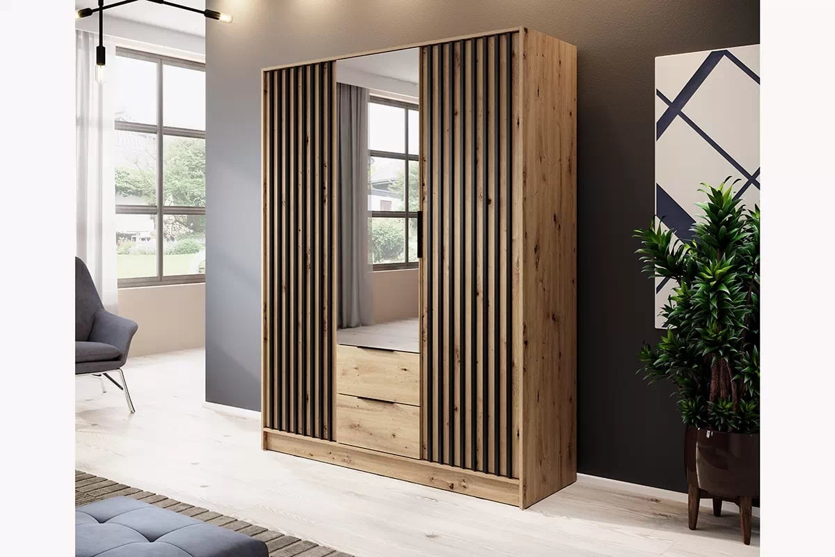 Skriňa s lamelami so zrkadlom Neria - dub artisan / čierny Skriňa s lamelami