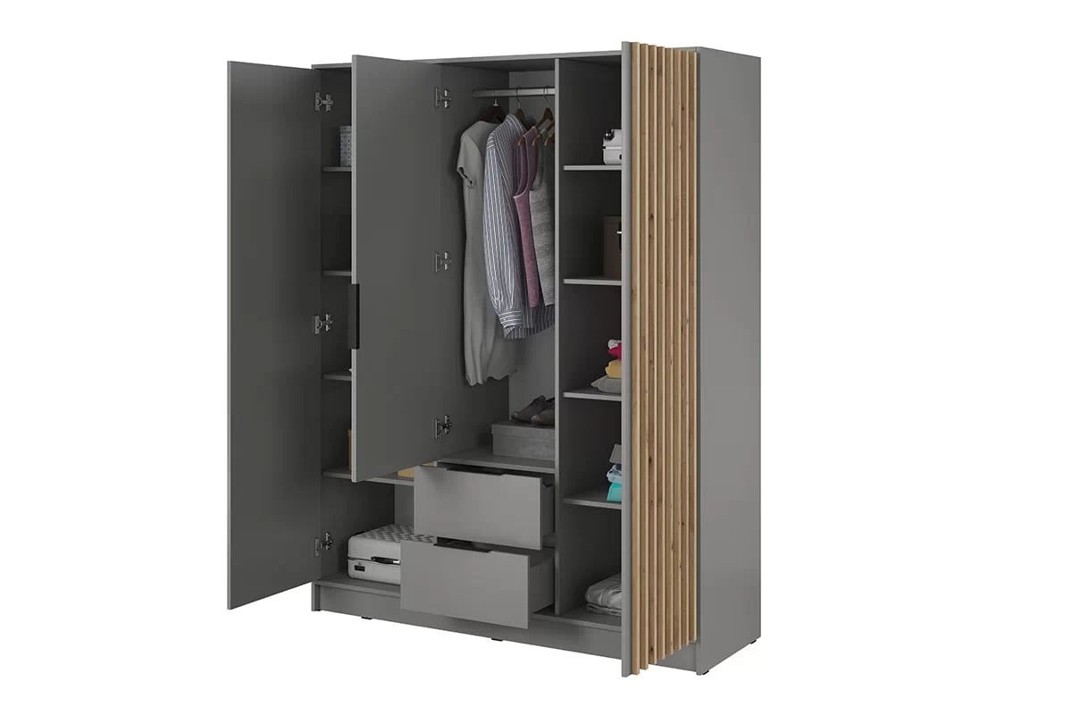 Skříň Neria 155 cm se zrcadlem - šedá / dub artisan šedá Skříň s lamelami a zrcadlem