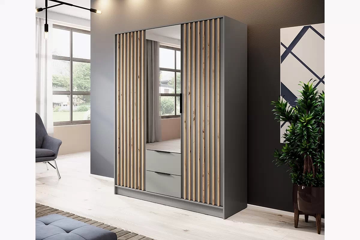 Skříň Neria 155 cm se zrcadlem - šedá / dub artisan šedá Skříň s lamelami