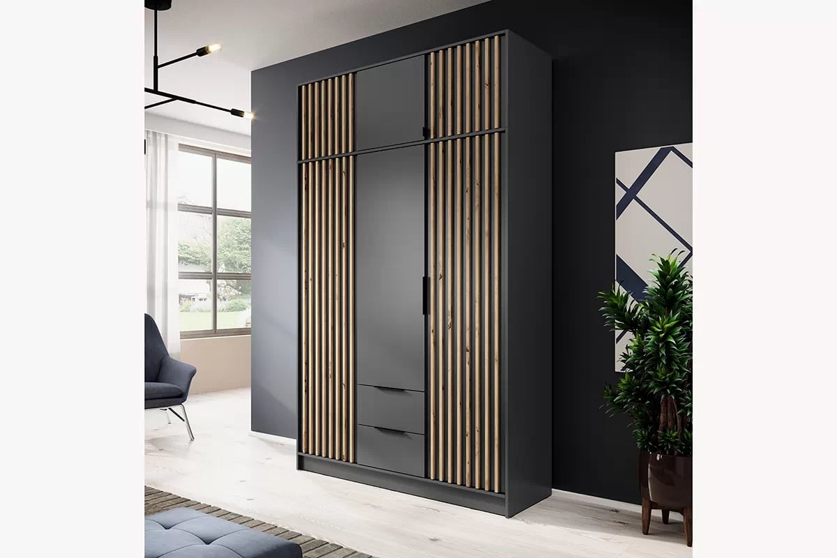 Skriňa s lamelami Neria - grafit / dub artisan Trojdverová skriňa s lamelami Neria - grafit / dub artisan - skriňa s nadstavcom