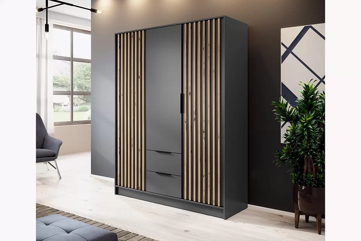 Skriňa s lamelami Neria - grafit / dub artisan Trojdverová skriňa s lamelami Neria - grafit / dub artisan - vizualizácia