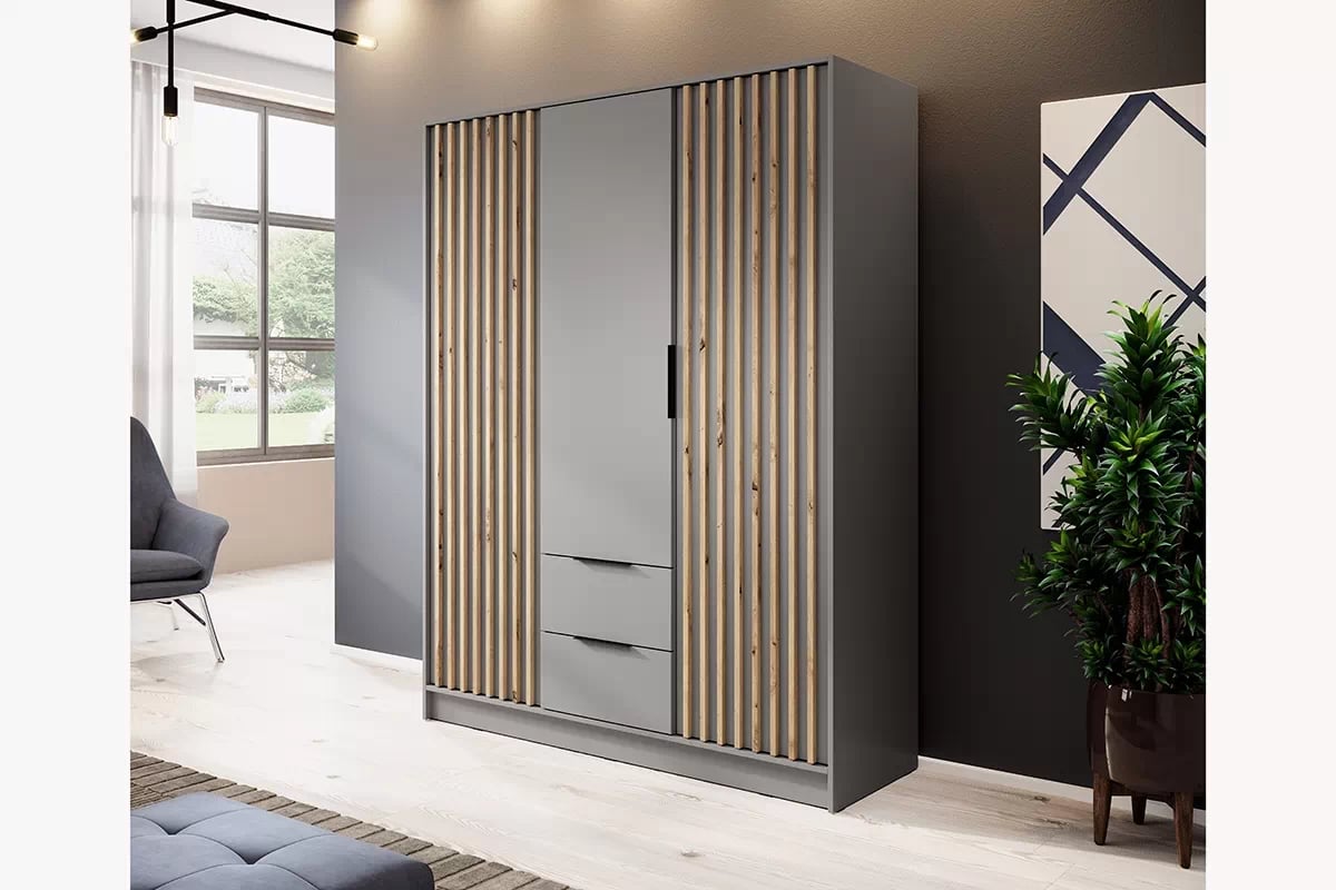 Skriňa s lamelami Neria - sivá / dub artisan Sivá skriňa