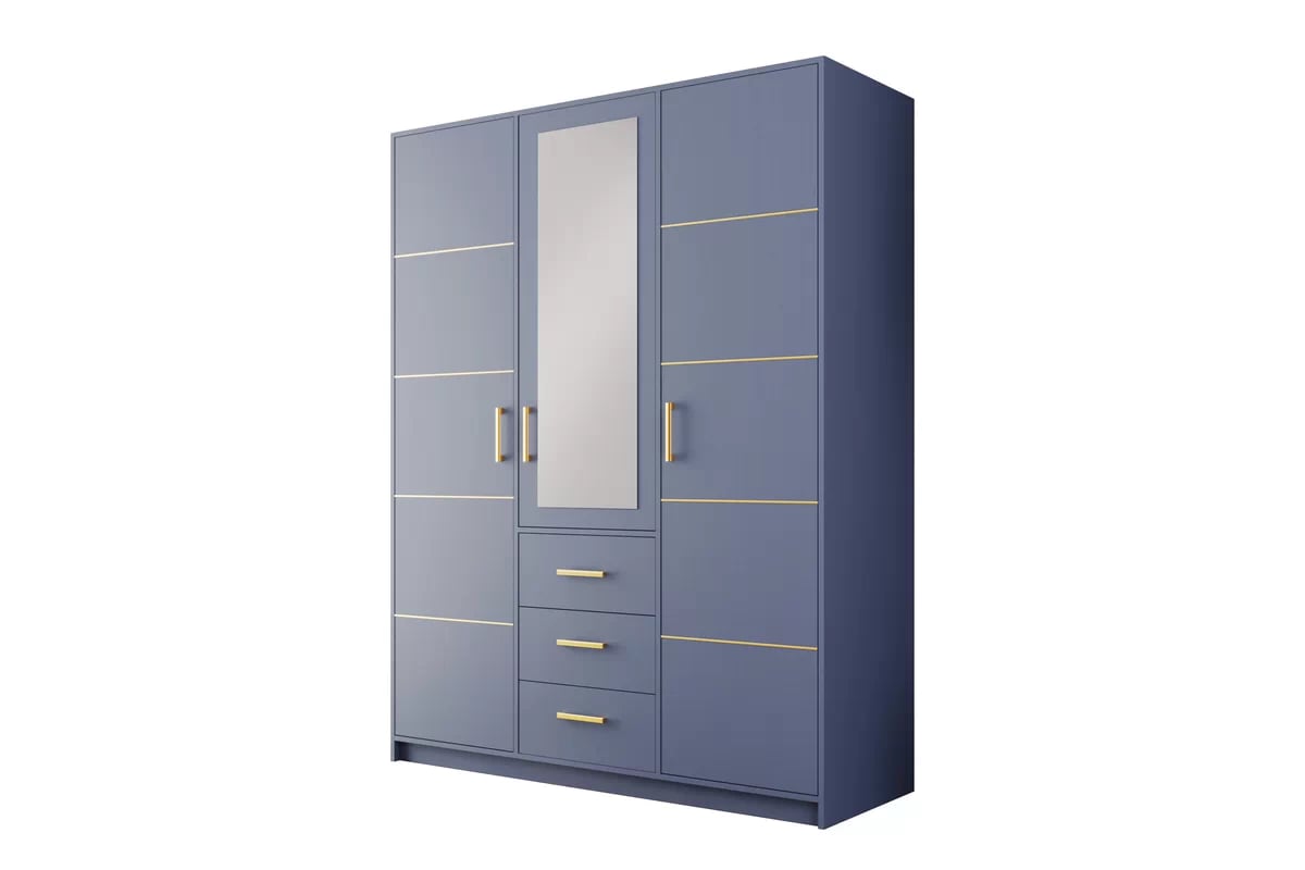 Šatní skříň Bali 147 cm - tlumená modrá skříň třídveřová z zrcadlem Bali II D3 147 cm - tlumená modrá