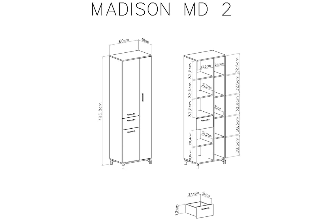 Skříň Madison MD2 se zásuvkou - bílá / dub piškotový Skříň třídveřová se zásuvkou Madison MD2 - Bílý / dub piškotový - Rozměry