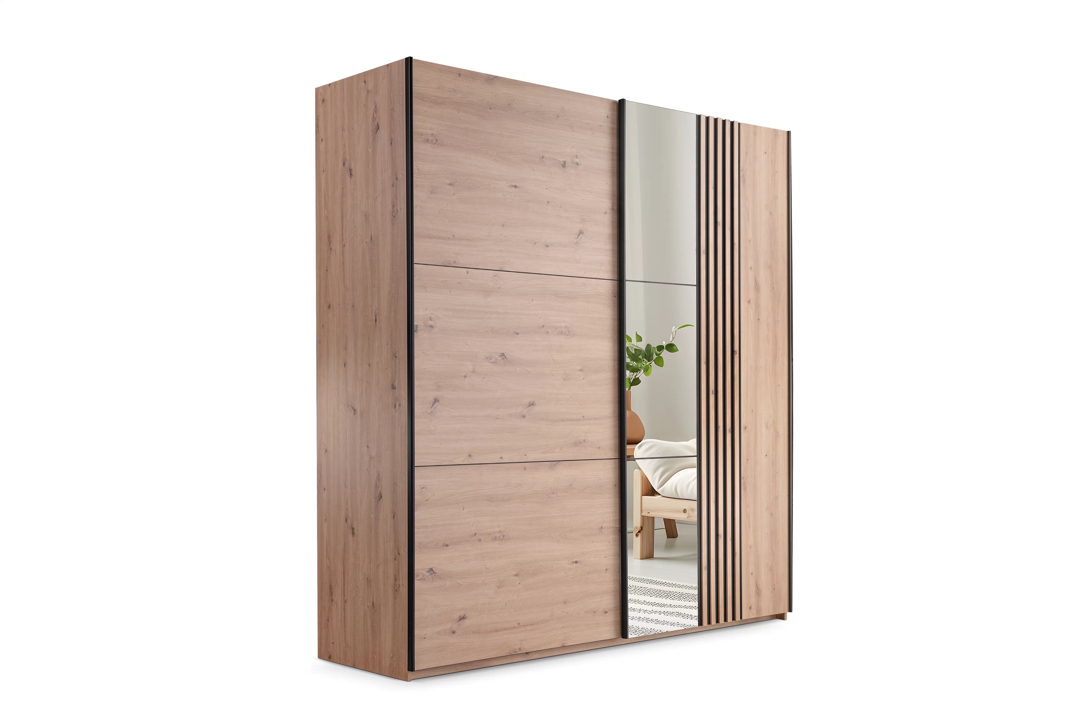 Skříň s posuvnými dveřmi Sintra 203 cm se zrcadlem - dub artisan / černá skříň z zrcadlem Jonari 203 cm przesuwna z lamelami - dub artisan / dub wotan / černá  