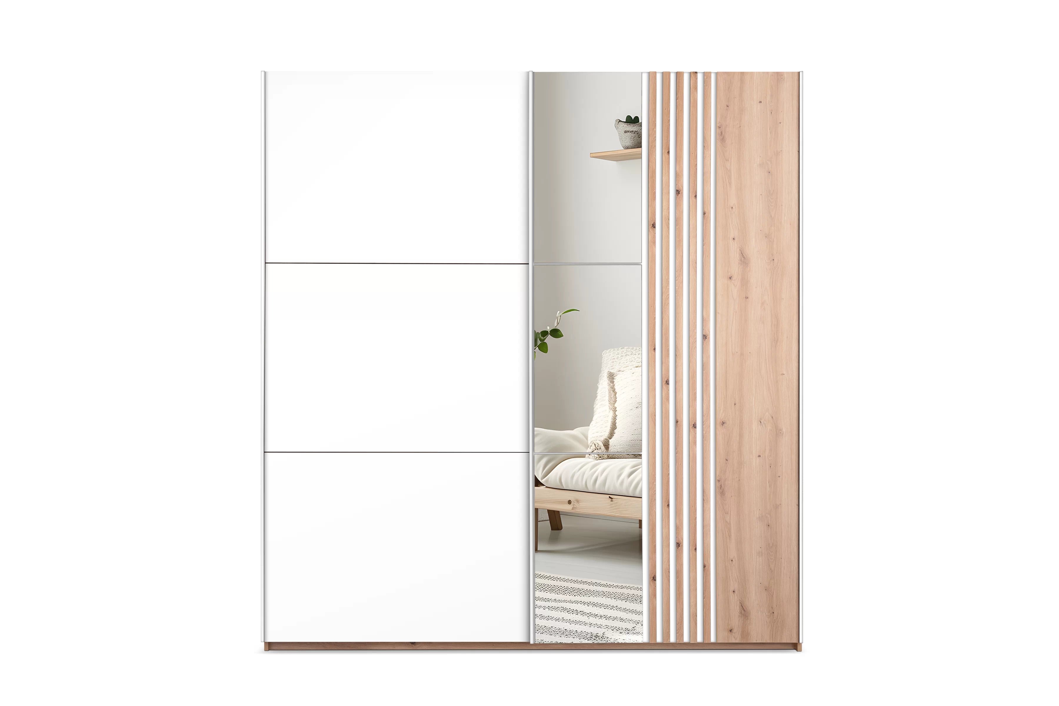 Skříň s posuvnými dveřmi Sintra 250 cm se zrcadlem - dub wotan / bílá skříň z zrcadlem Jonari 250 cm przesuwna z lamelami - dub wotan / bílá 