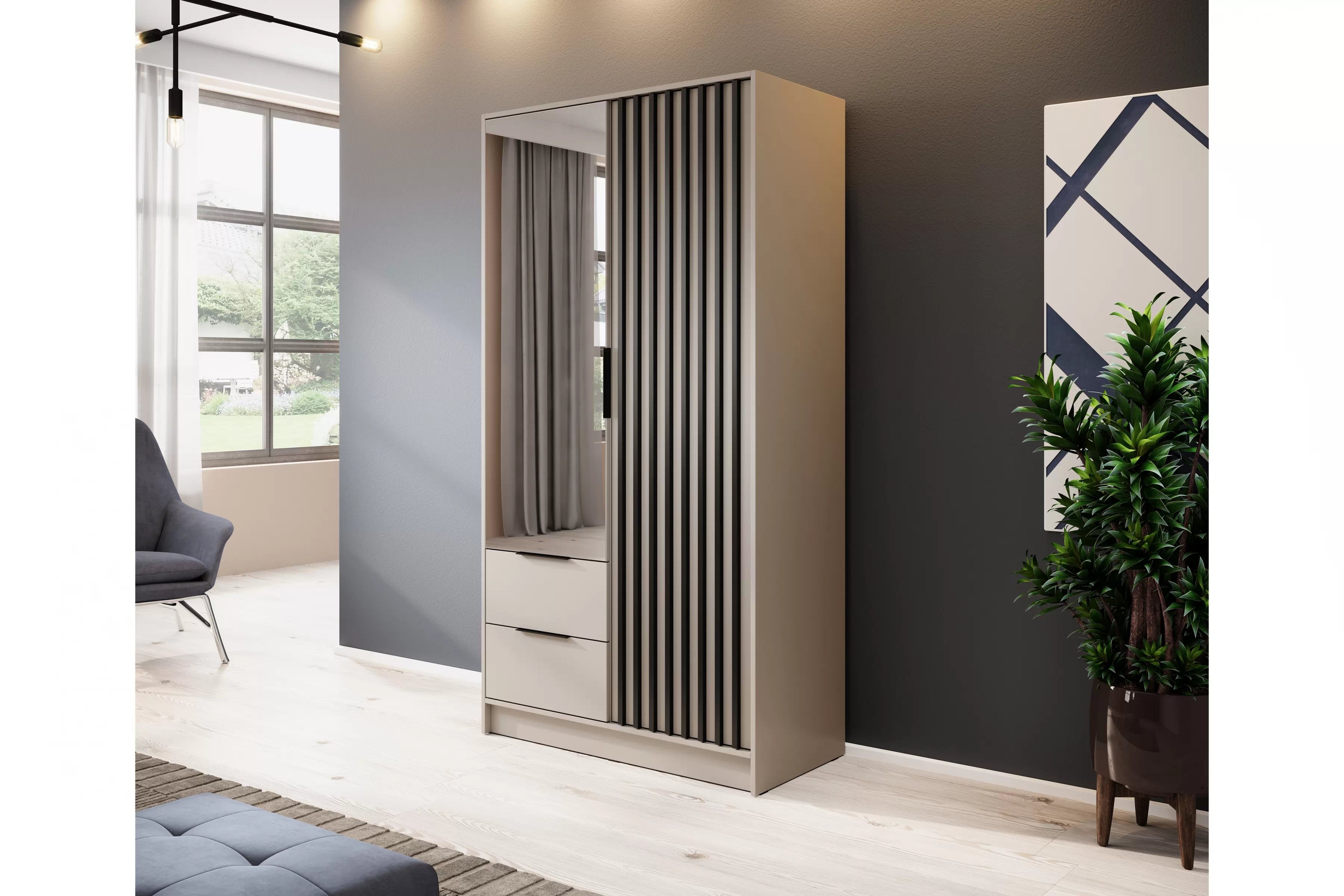 Skriňa z zrkadlom Neria 105 cm - kašmír / Čierny Skriňa z zrkadlom Neria 105 cm - kašmír / Čierny