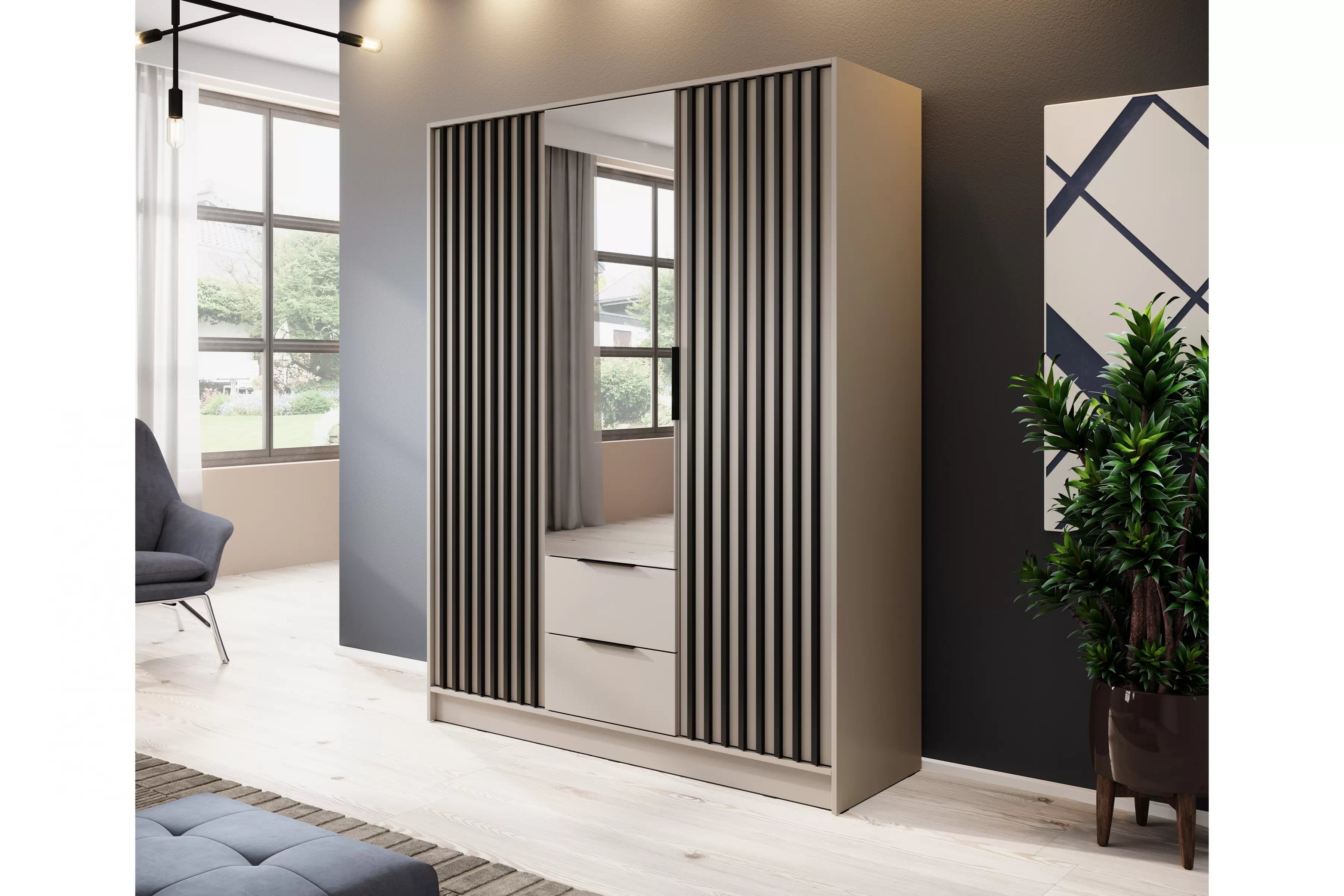 Skriňa z zrkadlom Neria 155 cm - kašmír / Čierny Skriňa z zrkadlom Neria 155 cm - kašmír / Čierny