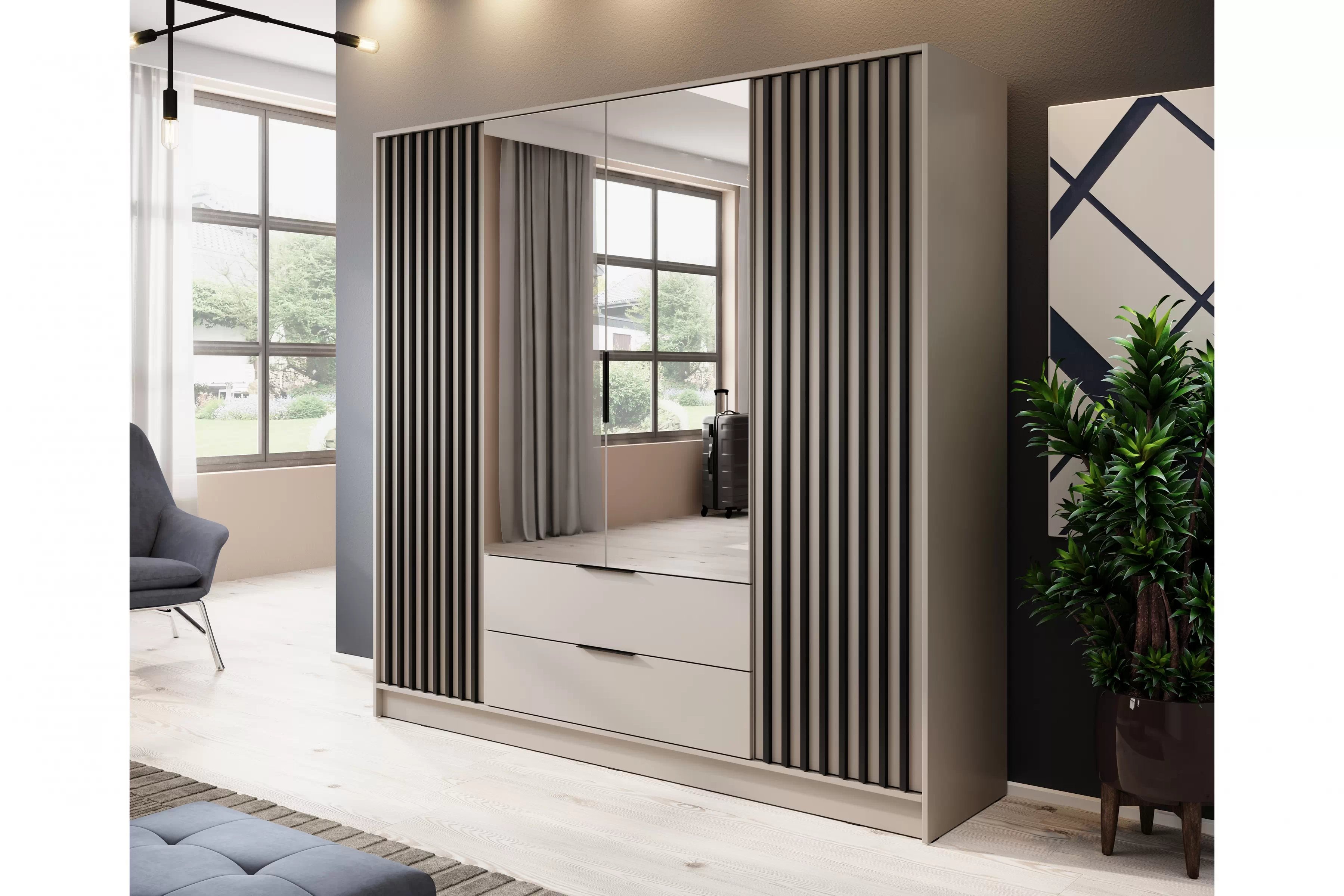 Skriňa z zrkadlom Neria 206 cm - kašmír / Čierny Skriňa z zrkadlom Neria 206 cm - kašmír / Čierny