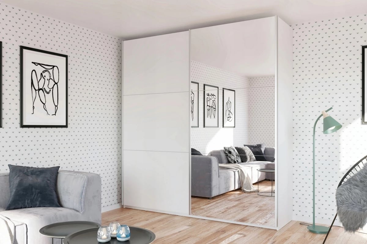 Šatní skříň Rodos 200 cm s posuvnými dveřmi a zrcadlem - bílá Skříň se zrcadlem 