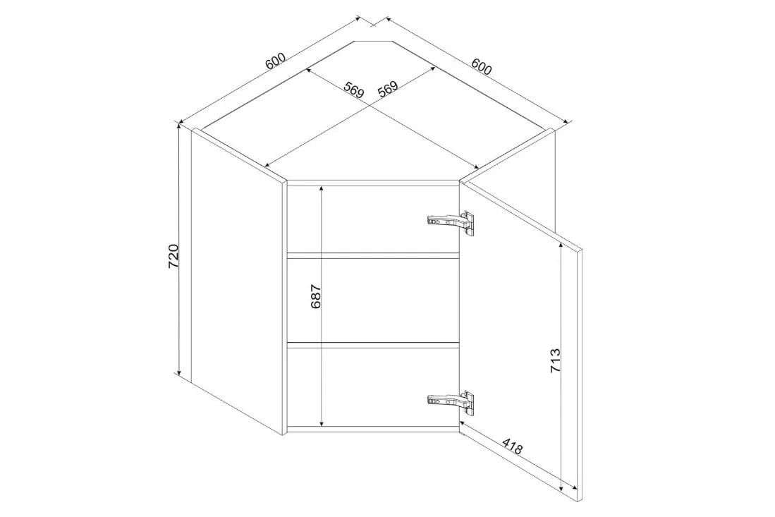 Rohová závěsná skříňka Natalia WR P/L - bílý lesk skříňka kuchyňská závěsná Natalia WR rohová jednodveřová - bílý lesk
