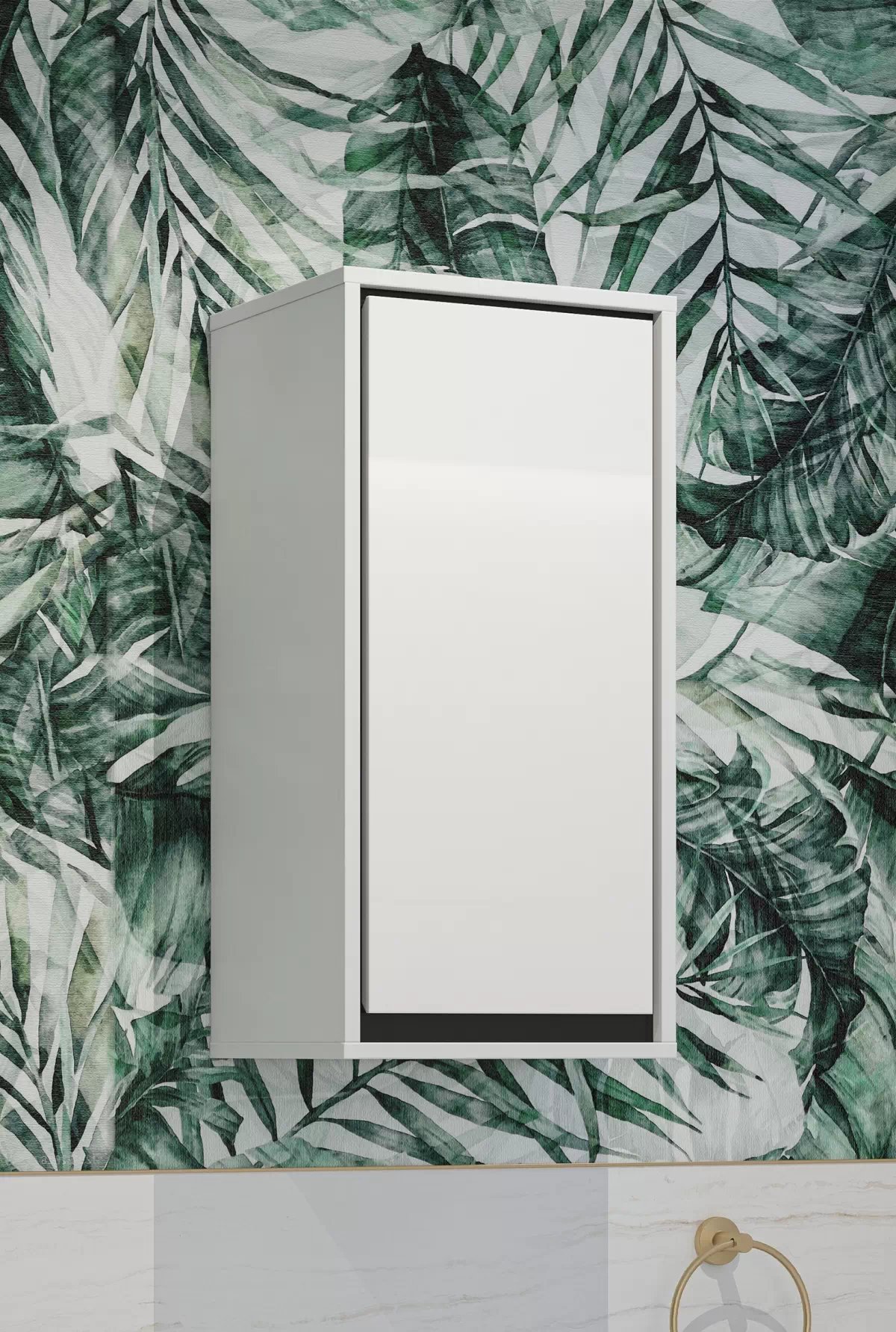 Závěsná koupelnová skříňka Irvine 35 cm – bílá-černá / bílý lesk skříňka lazienkowa Irvine 1D 35 cm závěsná  - bílá-černá / bílá lesk