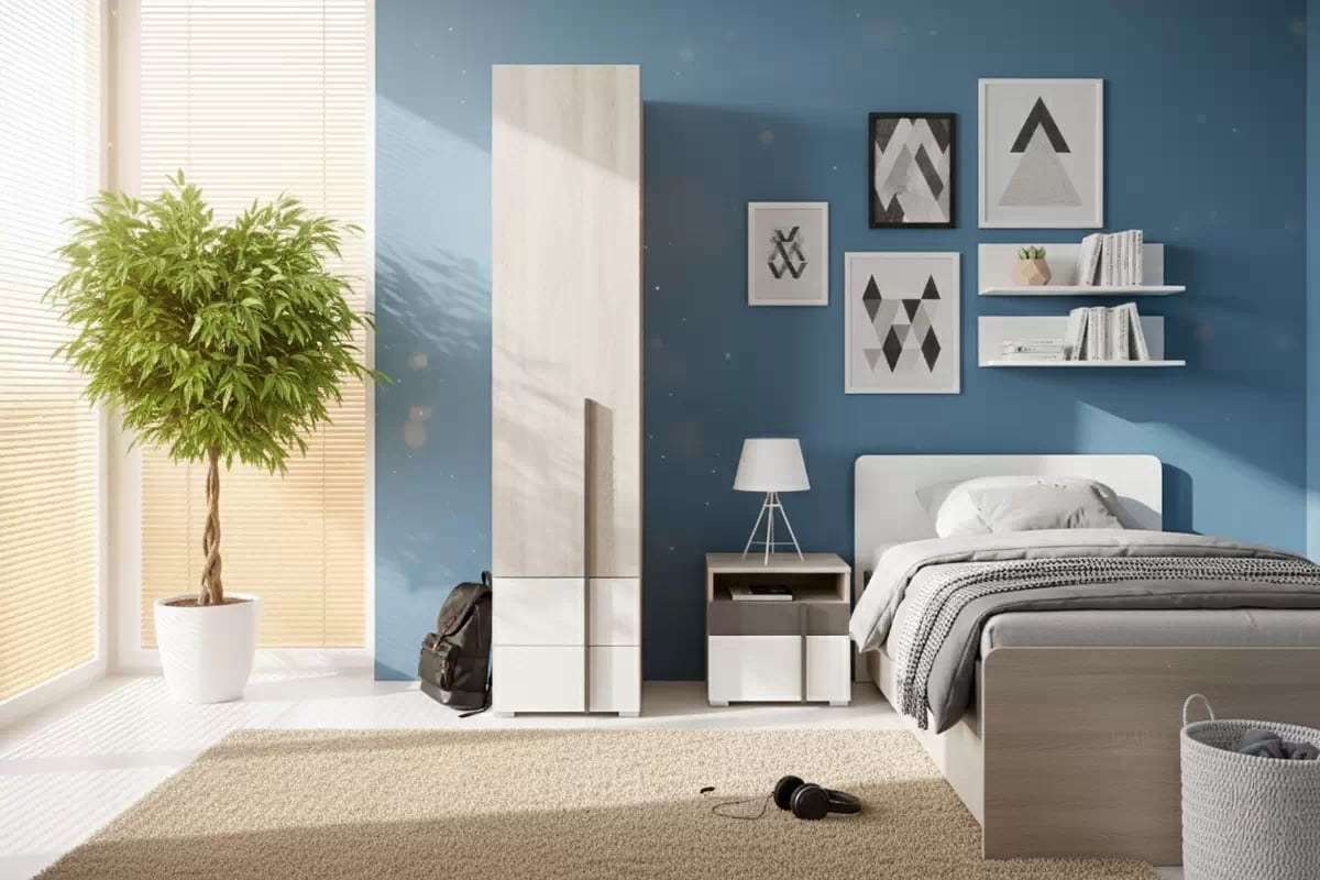 Študentská skrinka Lumo 4 45 cm so zásuvkami - dub wilton biely / biely lux / antracit Skrinka mlodziezowa Lumo 4 45 cm so zásuvkami - Dub wilton biela / biela lux / Antracytová