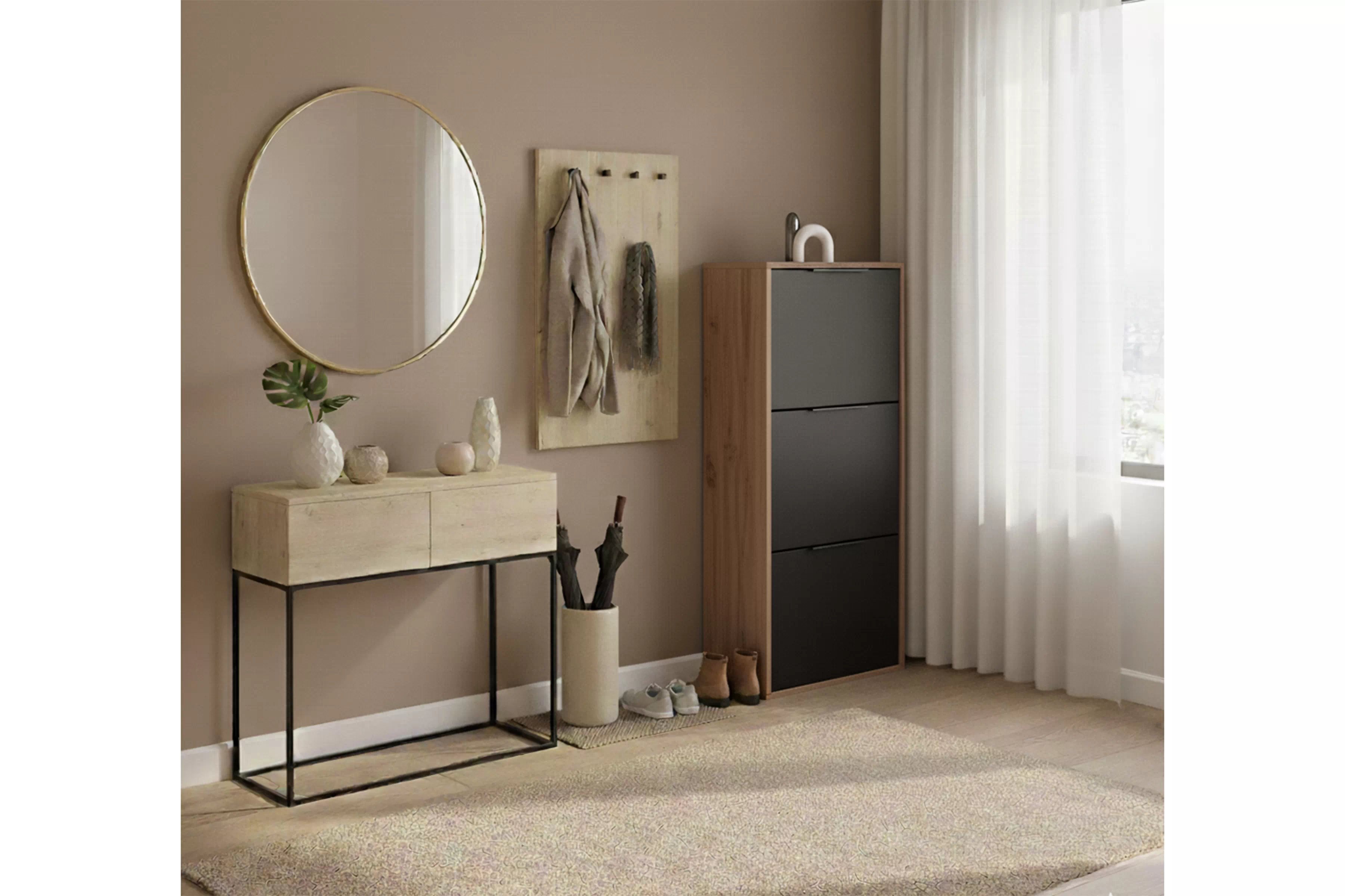 Botník Milo třípatrový - dub wotan / černá skříňka na boty Milo trzypoziomowa - dub wotan / černá