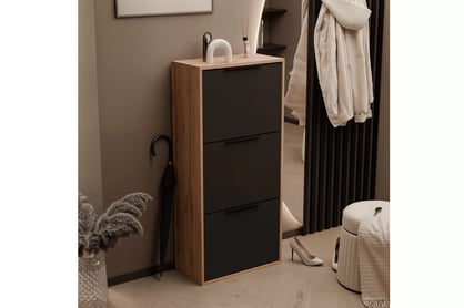 Botník Milo trojposchodový - dub wotan / čierna Skrinka na topánky Milo trzypoziomowa - Dub wotan / Čierny