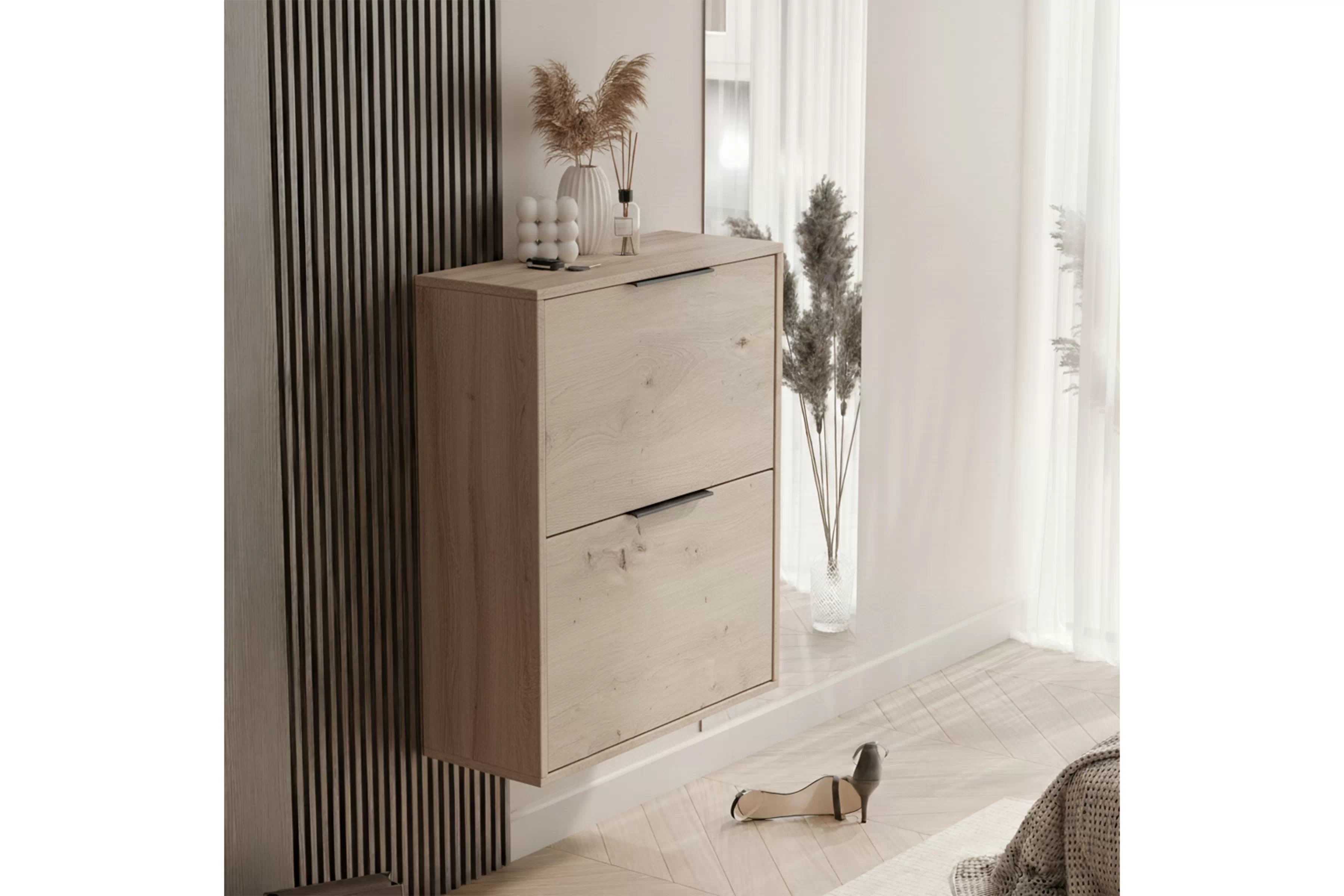 Závěsná / stojící dvouúrovňová botníková skříň Milo - dub artisan skříňka na boty Milo závěsná / stojaca dwupoziomowa - dub artisan 