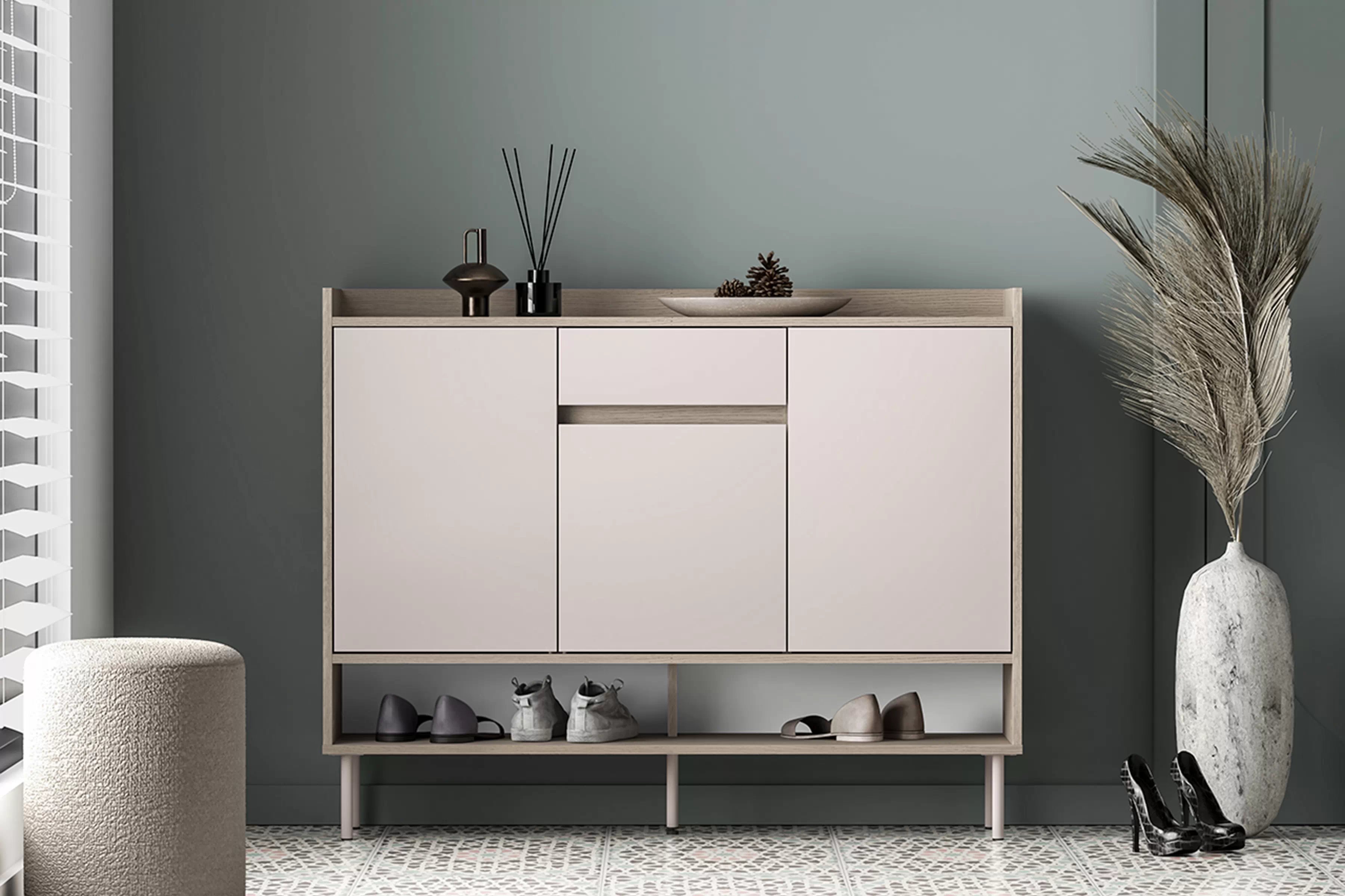 Botník Tivano 02 120 cm - kašmír / dub cremona skříňka na boty Voco 02 120 cm - kašmír / dub cremona