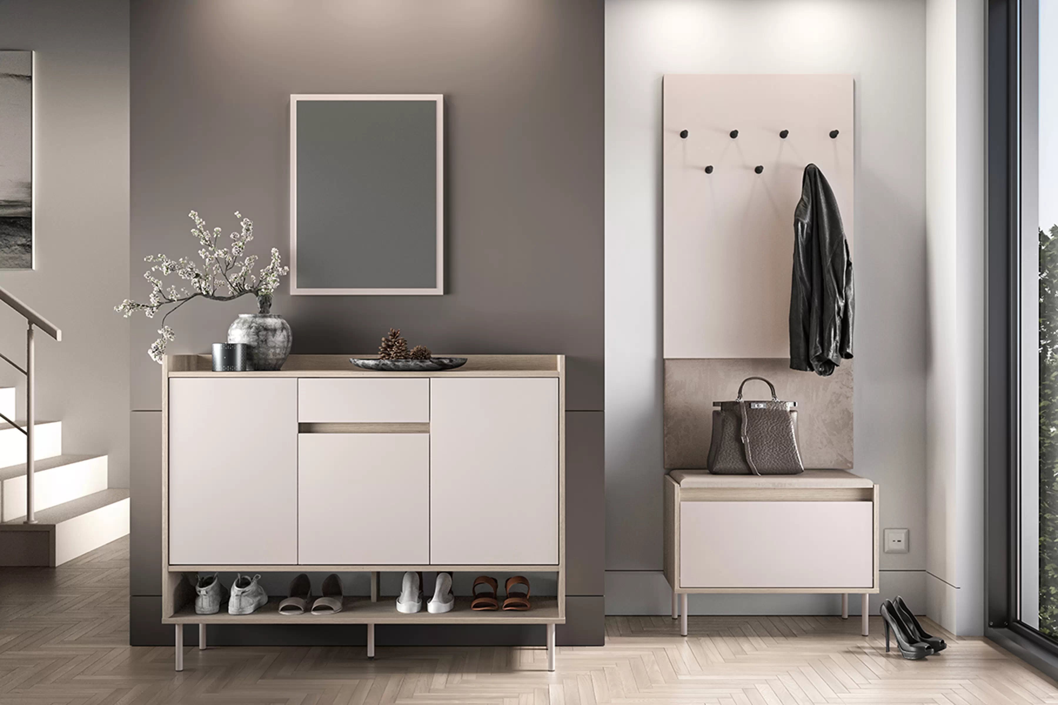 Botník Tivano 02 120 cm - kašmír / dub cremona skříňka na boty Voco 02 120 cm - kašmír / dub cremona