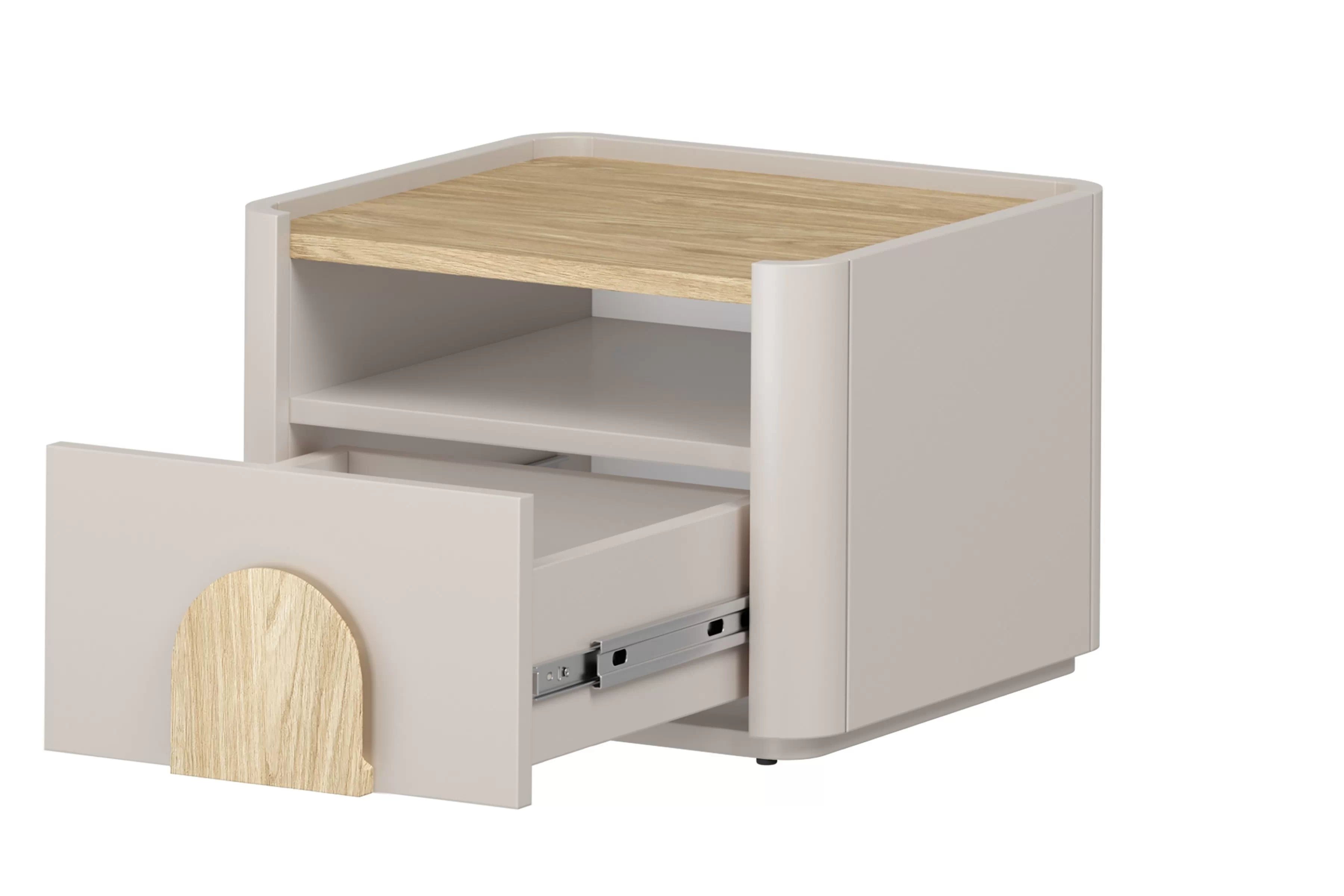 Nočný stolík Amilio 50 cm - kašmírová / dub olejovaný / dub svetlý Nočný Stolík Amilio z szuflada 50 cm - kašmír / Dub olejowany / úchyty Svetlý dub