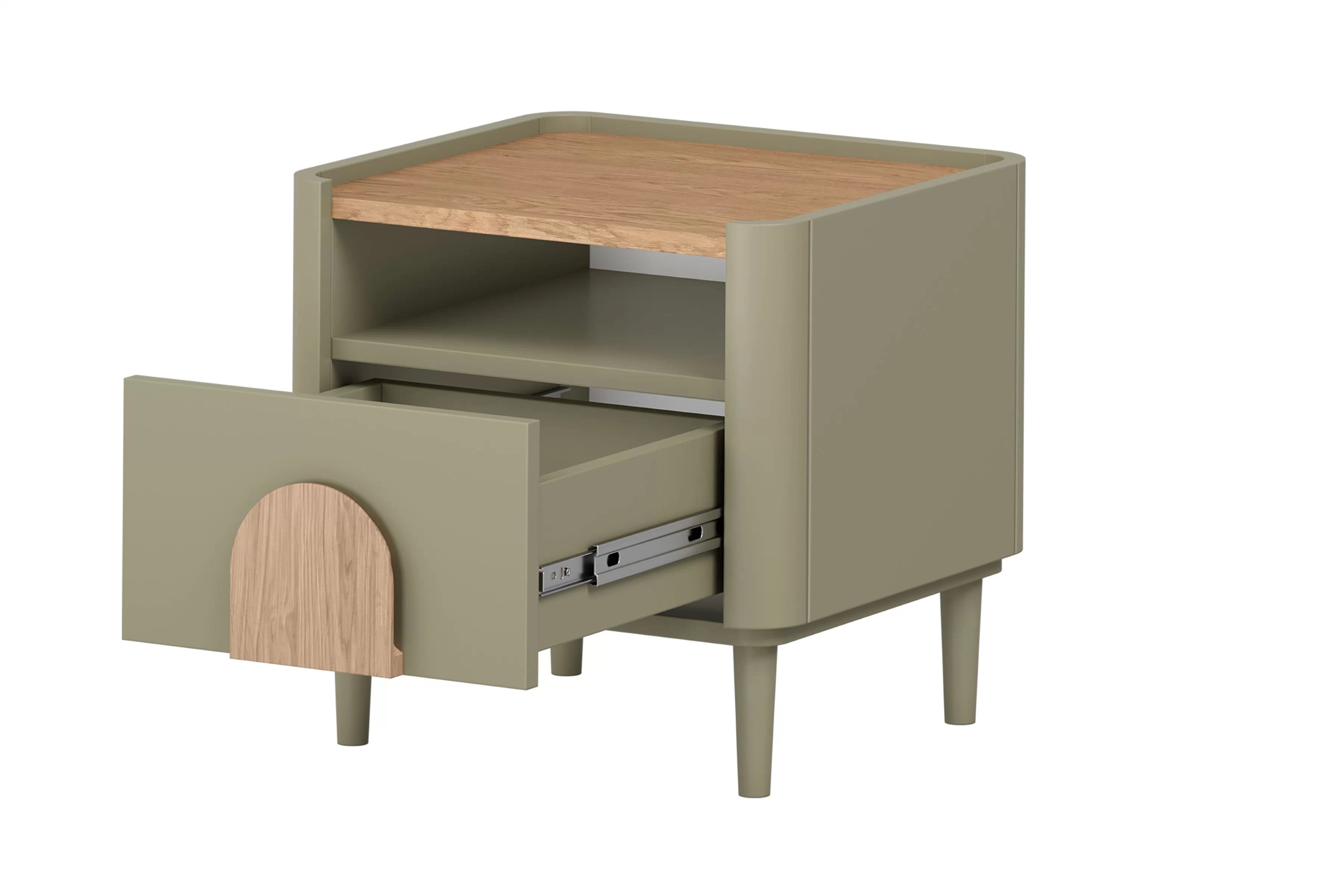 Nočný stolík Amilio 50 cm na nožičkách - eukalyptus / dub baltic dune / dub prírodný Nočný Stolík Amilio z szuflada 50 cm na nôžkach - eukaliptus / Dub baltic dune / úchyty Dub prírodné