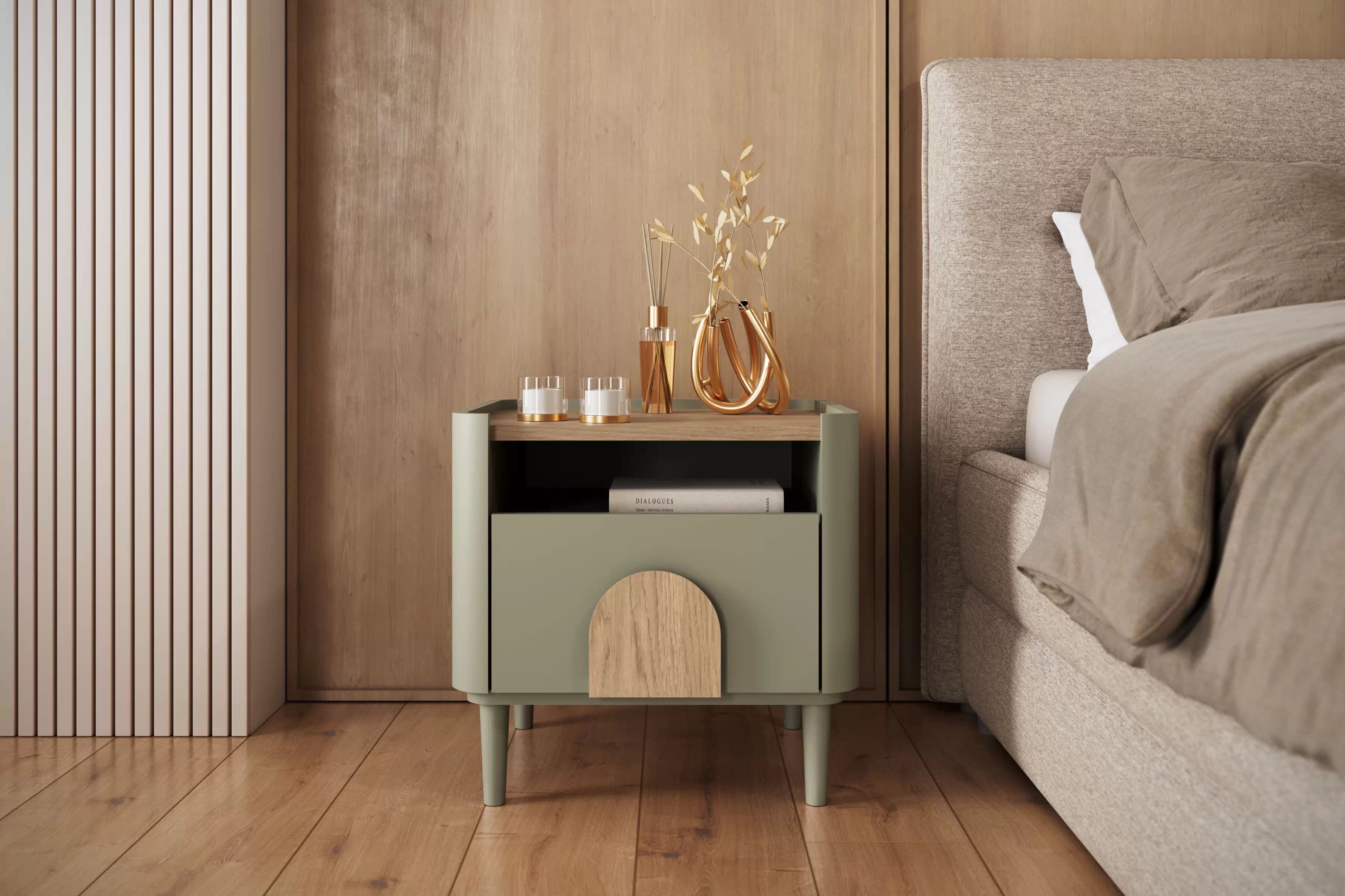 Nočný stolík Amilio 50 cm na nožičkách - eukalyptus / dub baltic dune / dub prírodný Nočný Stolík Amilio z szuflada 50 cm na nôžkach - eukaliptus / Dub baltic dune / úchyty Dub prírodné