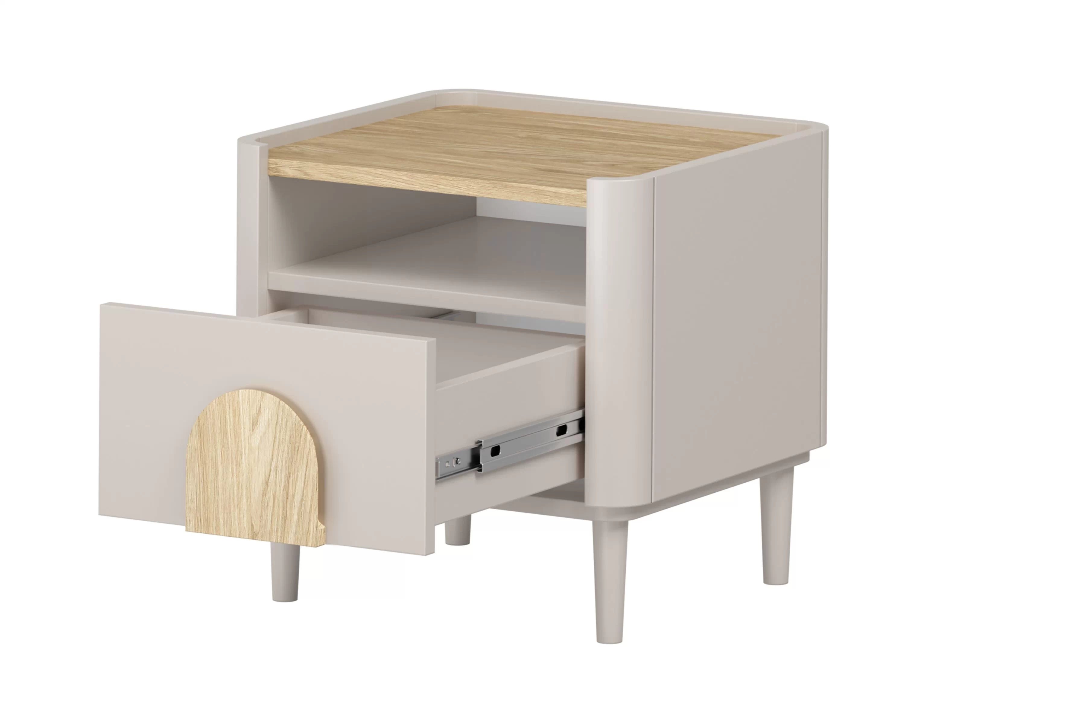 Nočný stolík Amilio 50 cm na nožičkách - kašmírová / dub olejovaný / dub svetlý Nočný Stolík Amilio z szuflada 50 cm na nôžkach - kašmír / Dub olejowany / úchyty Svetlý dub