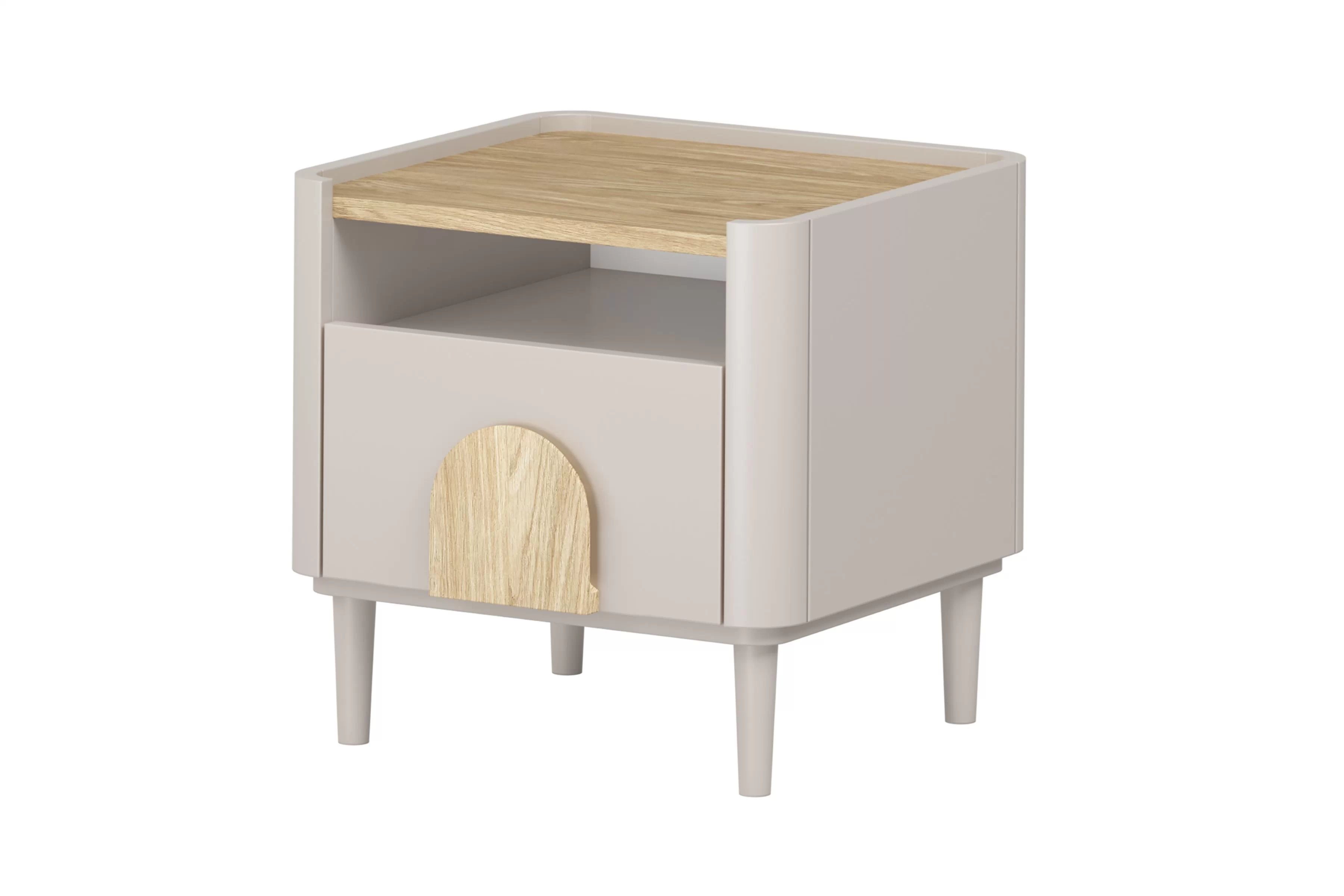 Nočný stolík Amilio 50 cm na nožičkách - kašmírová / dub olejovaný / dub svetlý Nočný Stolík Amilio z szuflada 50 cm na nôžkach - kašmír / Dub olejowany / úchyty Svetlý dub