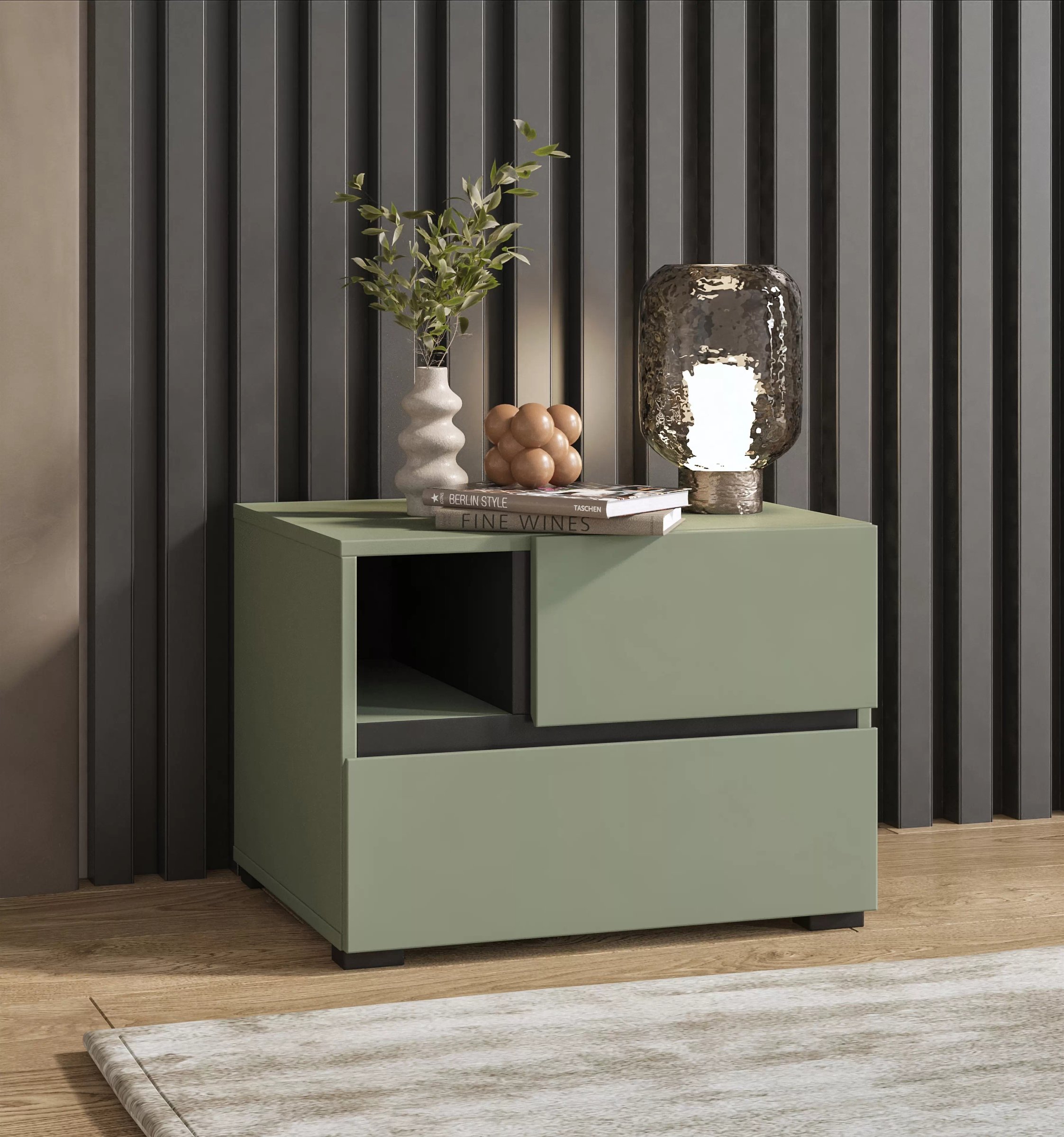 Nočný stolík Cross 55 cm - tlmená zelená / čierna Nočný Stolík Cross 55 cm so zásuvkami - zgaszona zelená / zgaszona zelená - Čierny