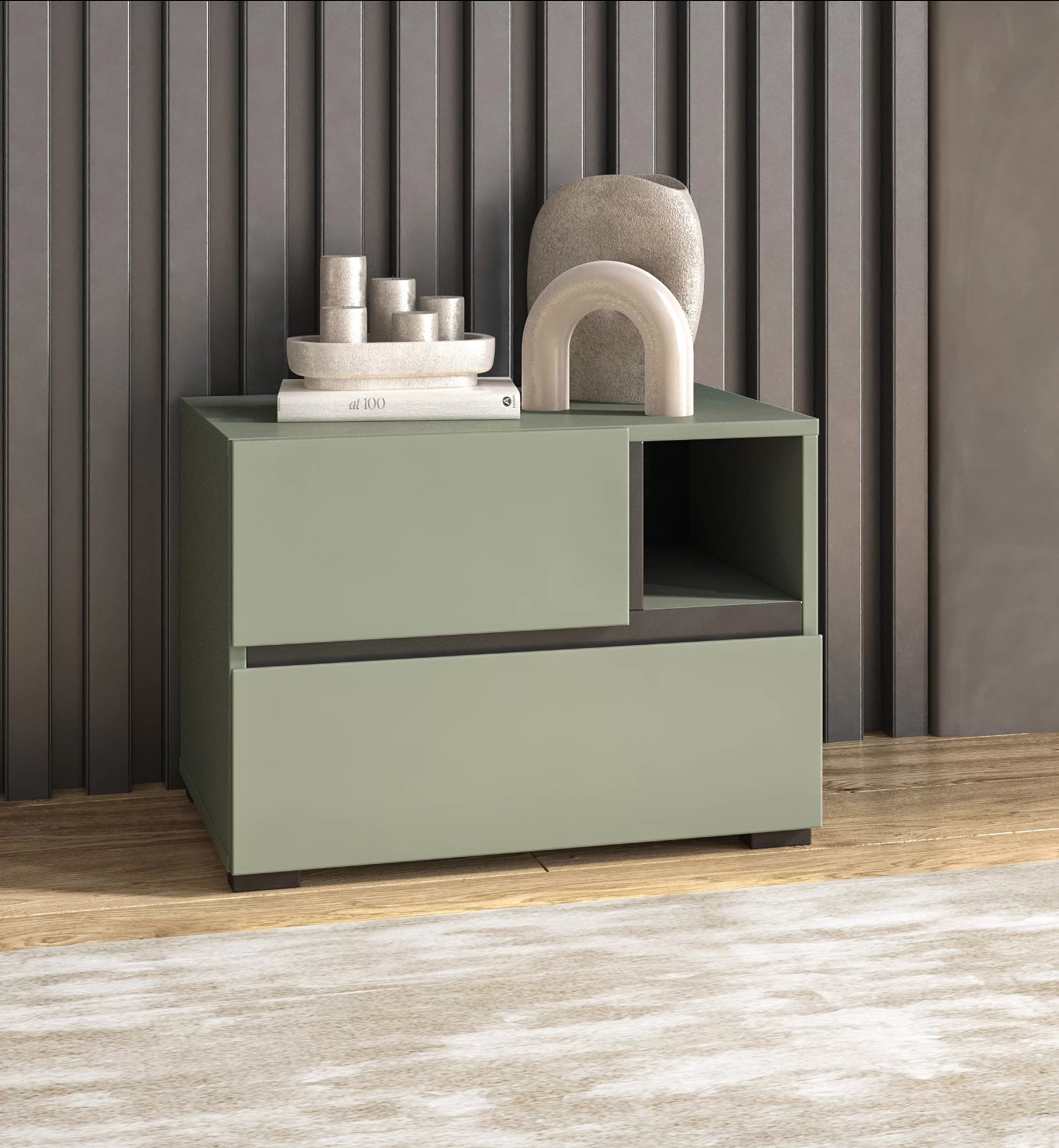 Nočný stolík Cross 55 cm - tlmená zelená / čierna Nočný Stolík Cross 55 cm so zásuvkami - zgaszona zelená / zgaszona zelená - Čierny