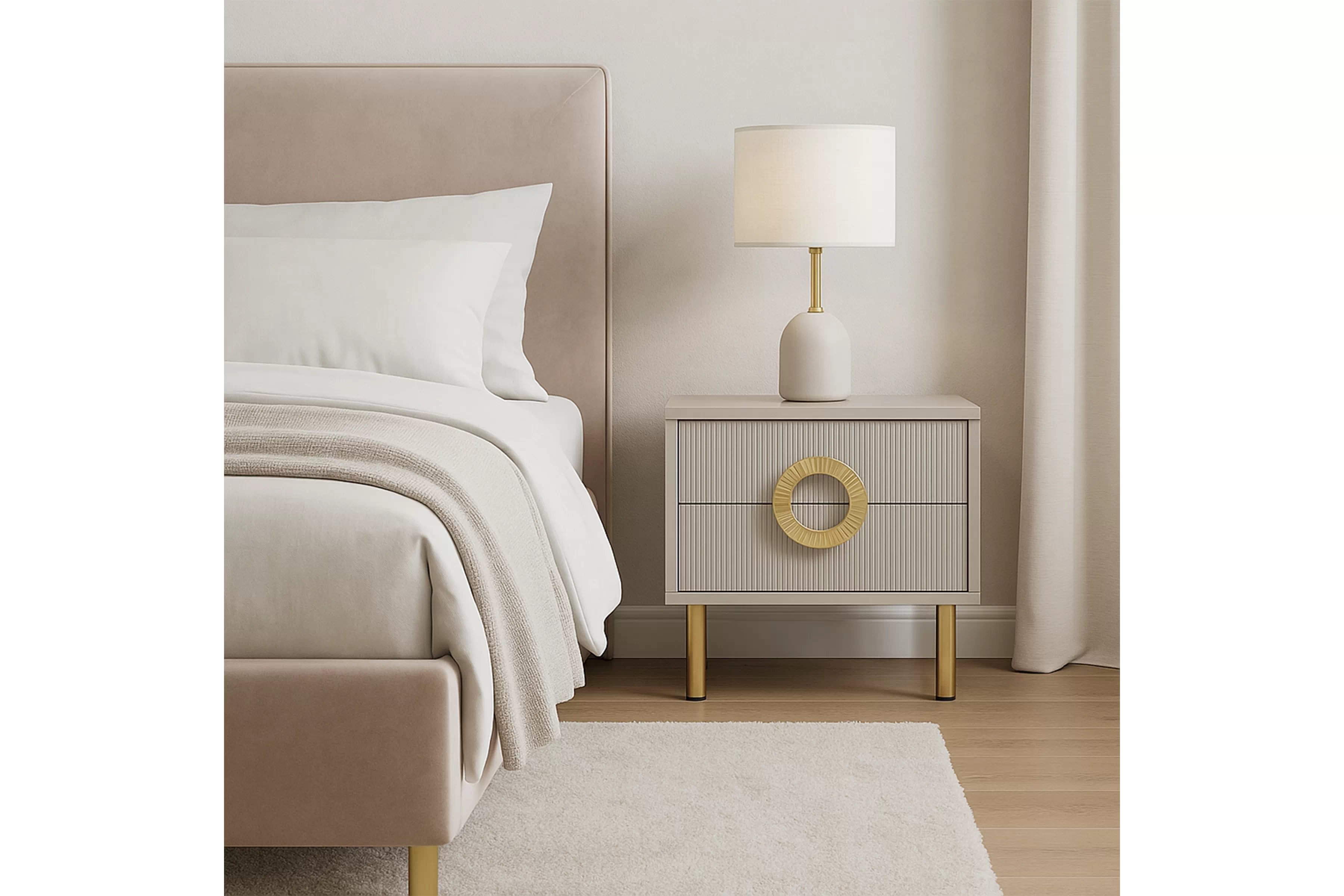 Noční stolek Nubo 46 cm - kašmírová / zlaté nožky Noční stolek Gotimo 46 cm se zásuvkami - kašmír / zlote Nohy