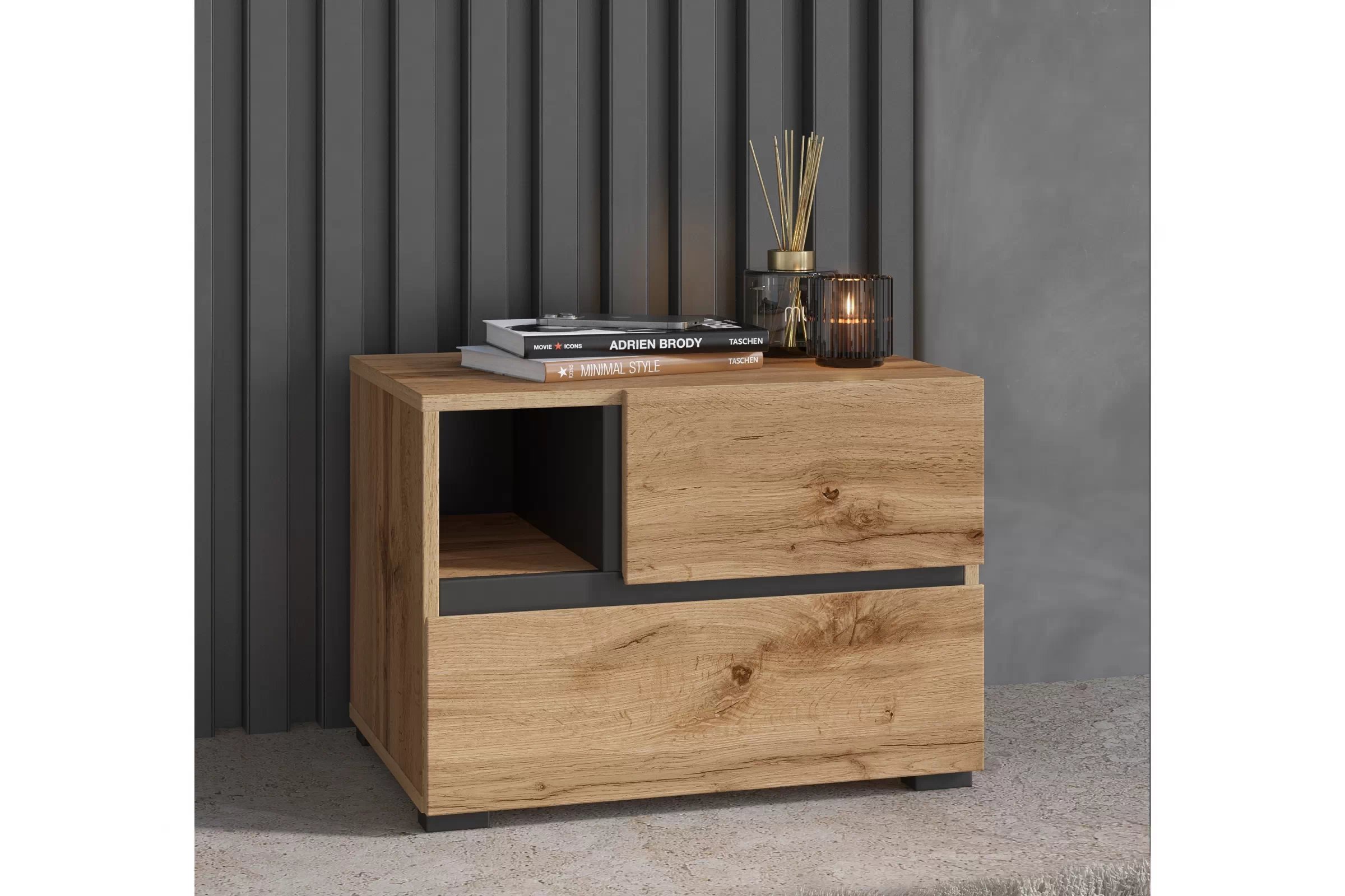 Nočný stolík Cross 55 cm so zásuvkami - dub wotan / čierna Nočný Stolík Gramon 55 cm so zásuvkami - Dub wotan / Čierny