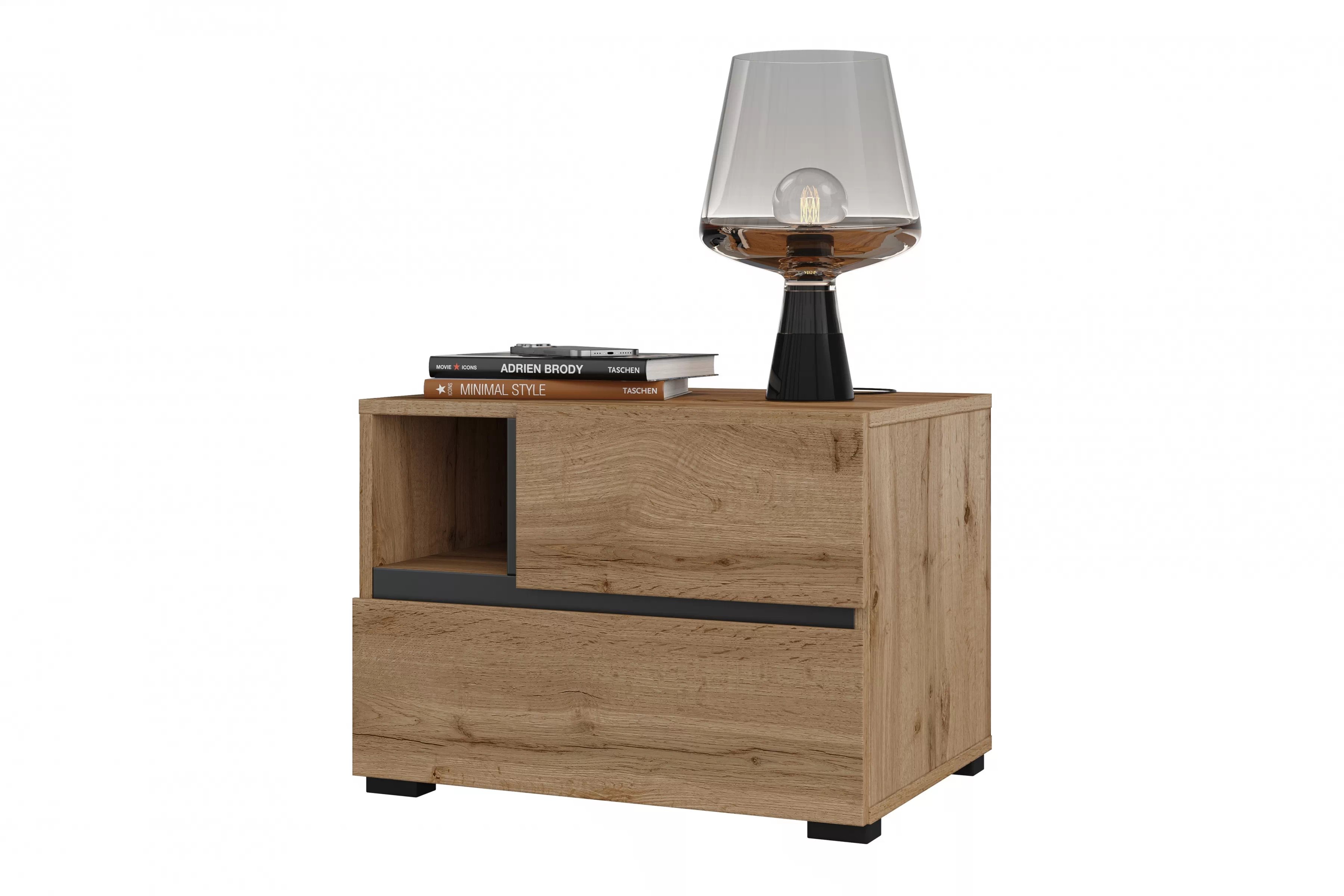 Nočný stolík Cross 55 cm so zásuvkami - dub wotan / čierna Nočný Stolík Gramon 55 cm so zásuvkami - Dub wotan / Čierny