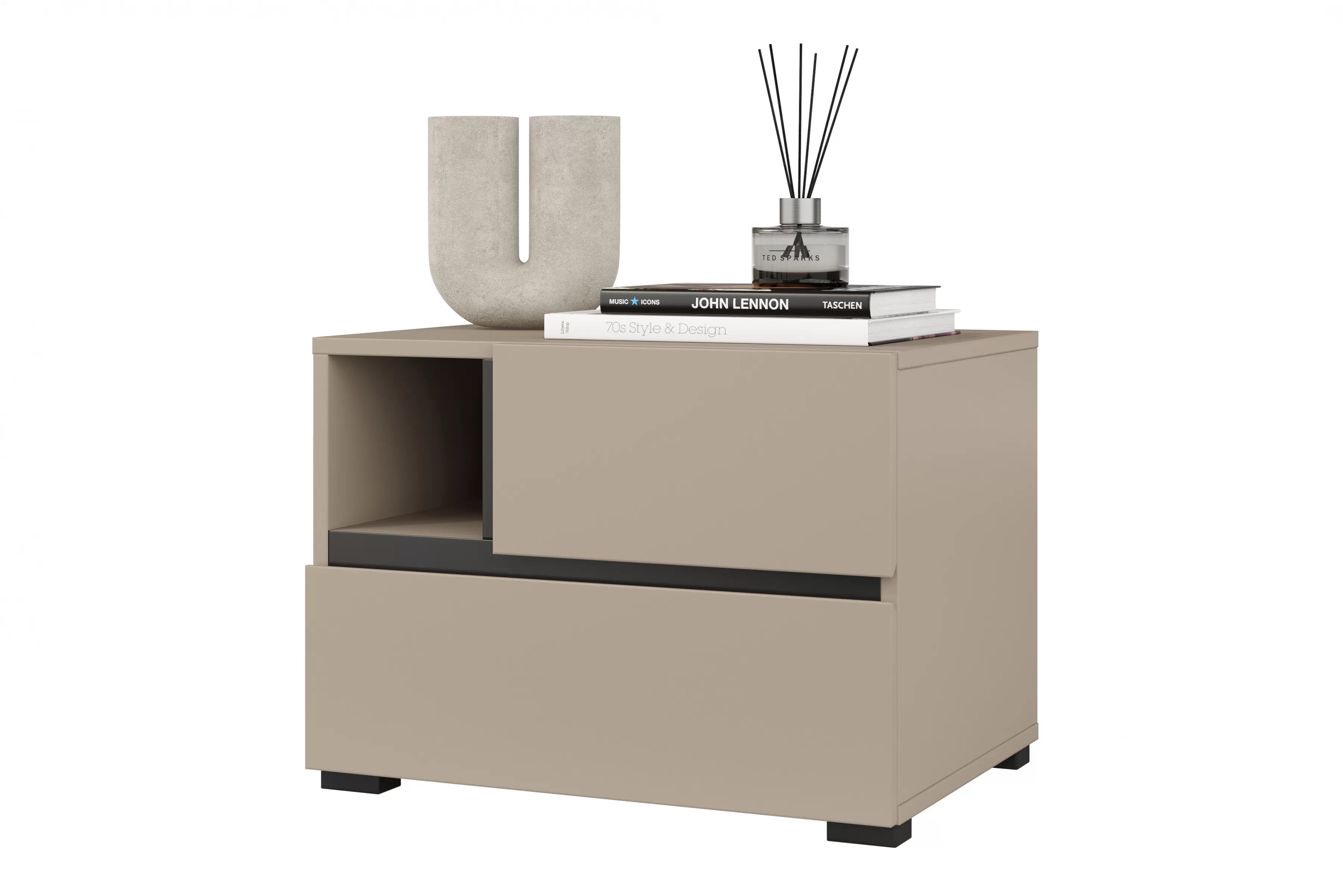 Nočný stolík Cross 55 cm so zásuvkami - kašmírová / čierna Nočný Stolík Gramon 55 cm so zásuvkami - kašmír / Čierny