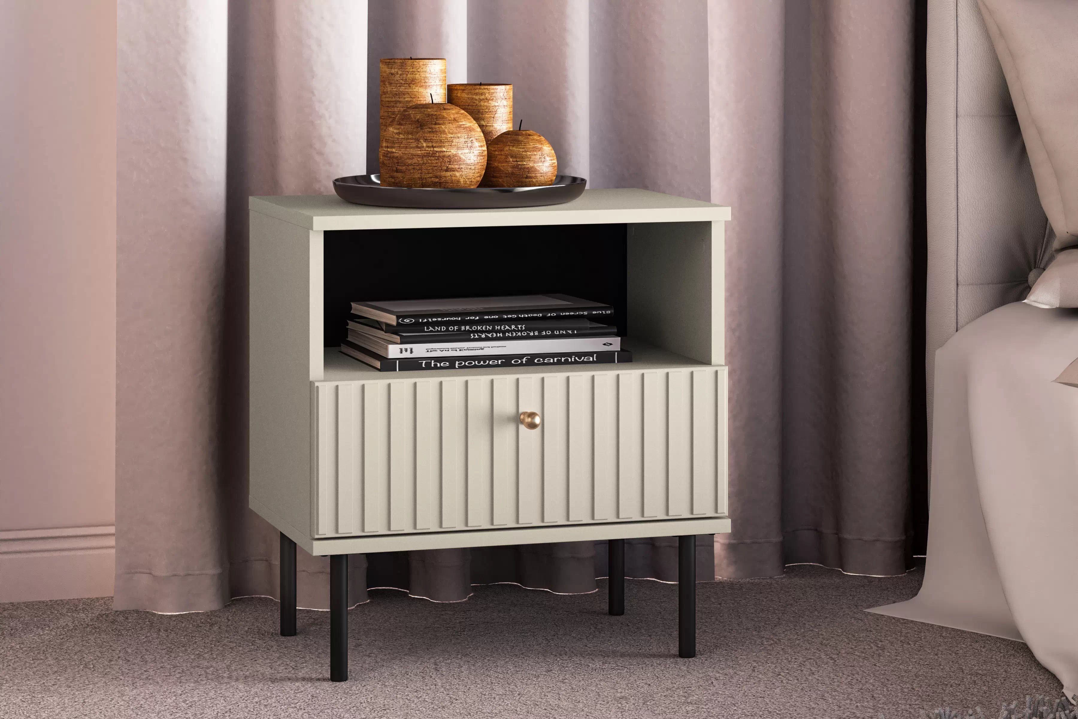 Noční stolek Jamuzi 50 cm - kašmírová / černé nožky Noční stolek Jamuzi 07 z szuflada - 50 cm - kašmír / černá nozki