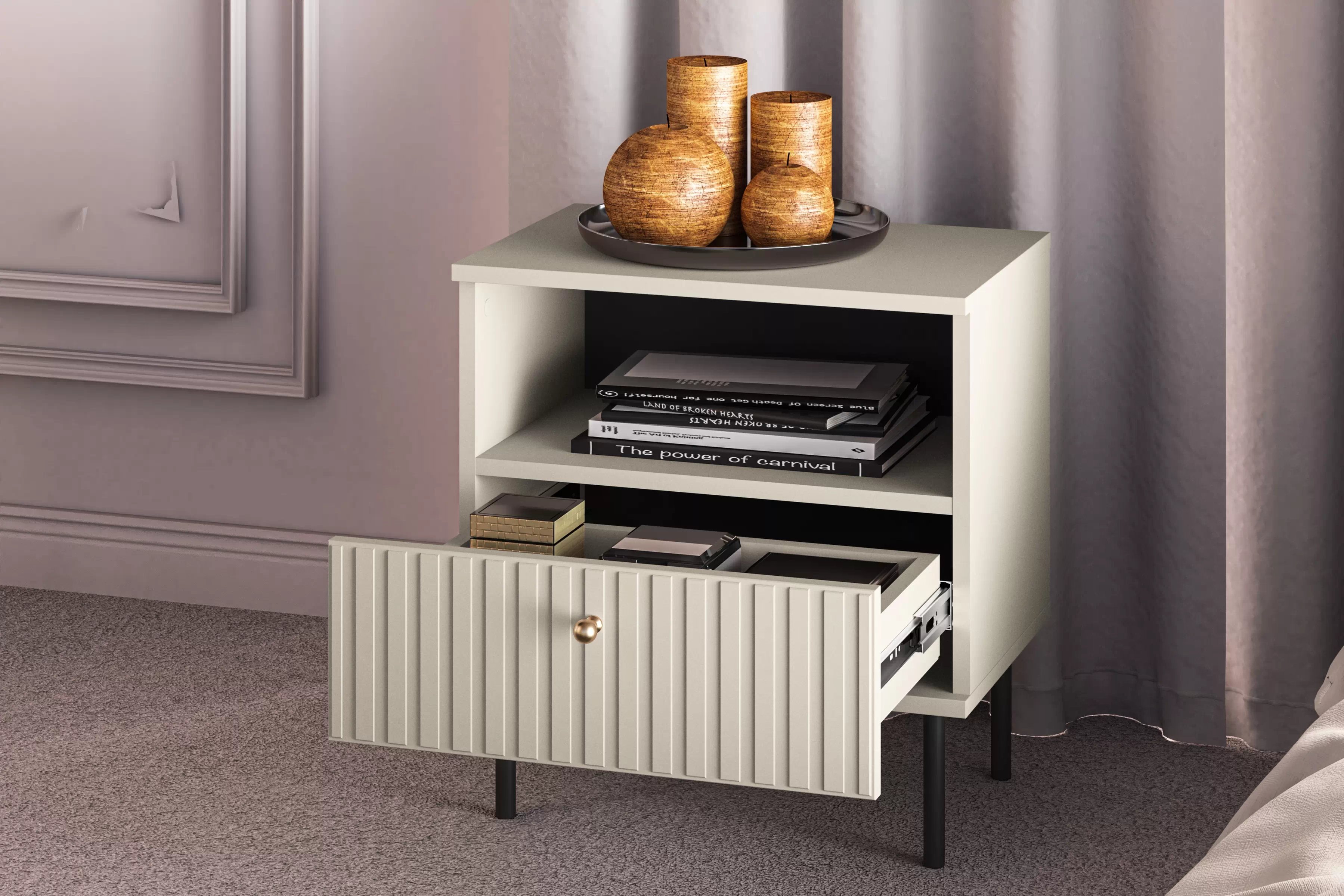 Noční stolek Jamuzi 50 cm - kašmírová / černé nožky Noční stolek Jamuzi 07 z szuflada - 50 cm - kašmír / černá nozki