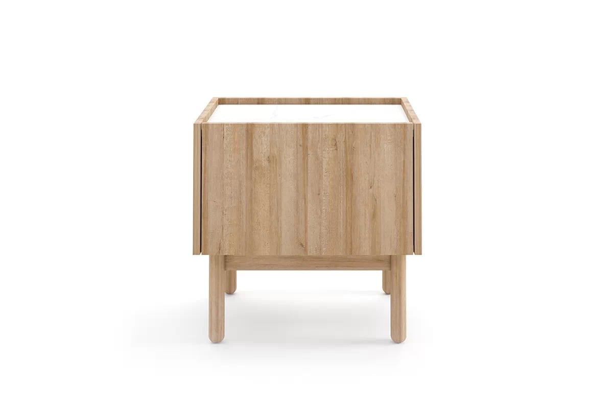 Nočný stolík Landia - dub riviera / biely mramor Nočný stolík s drevenými nožičkami